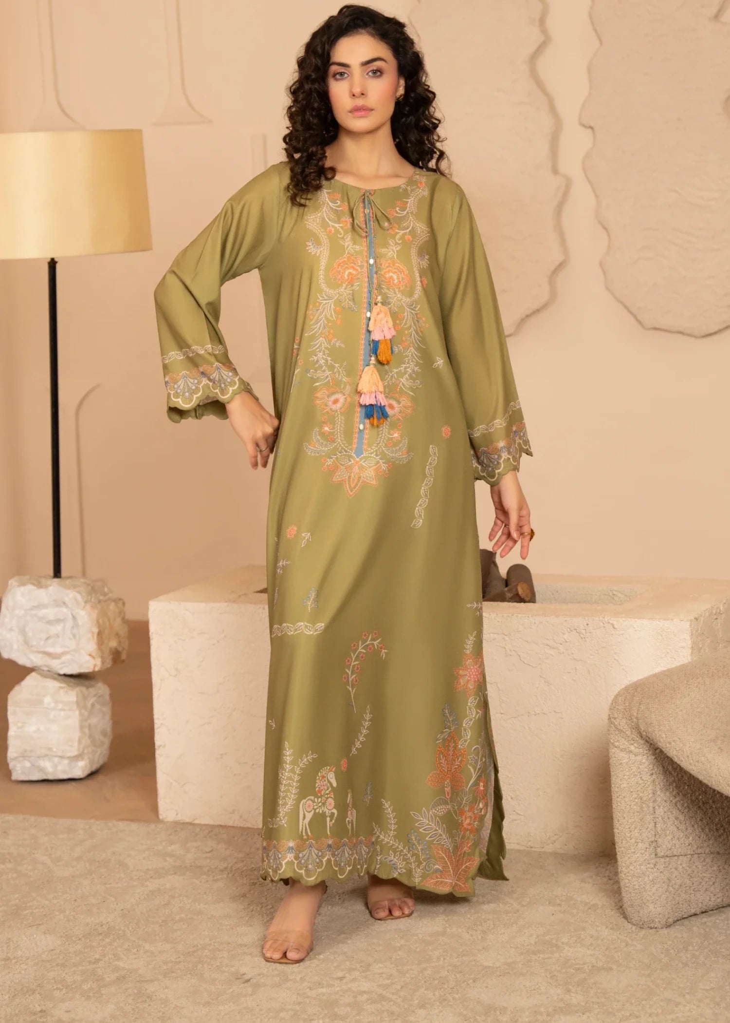 zari lawn Kaftan in Olive green