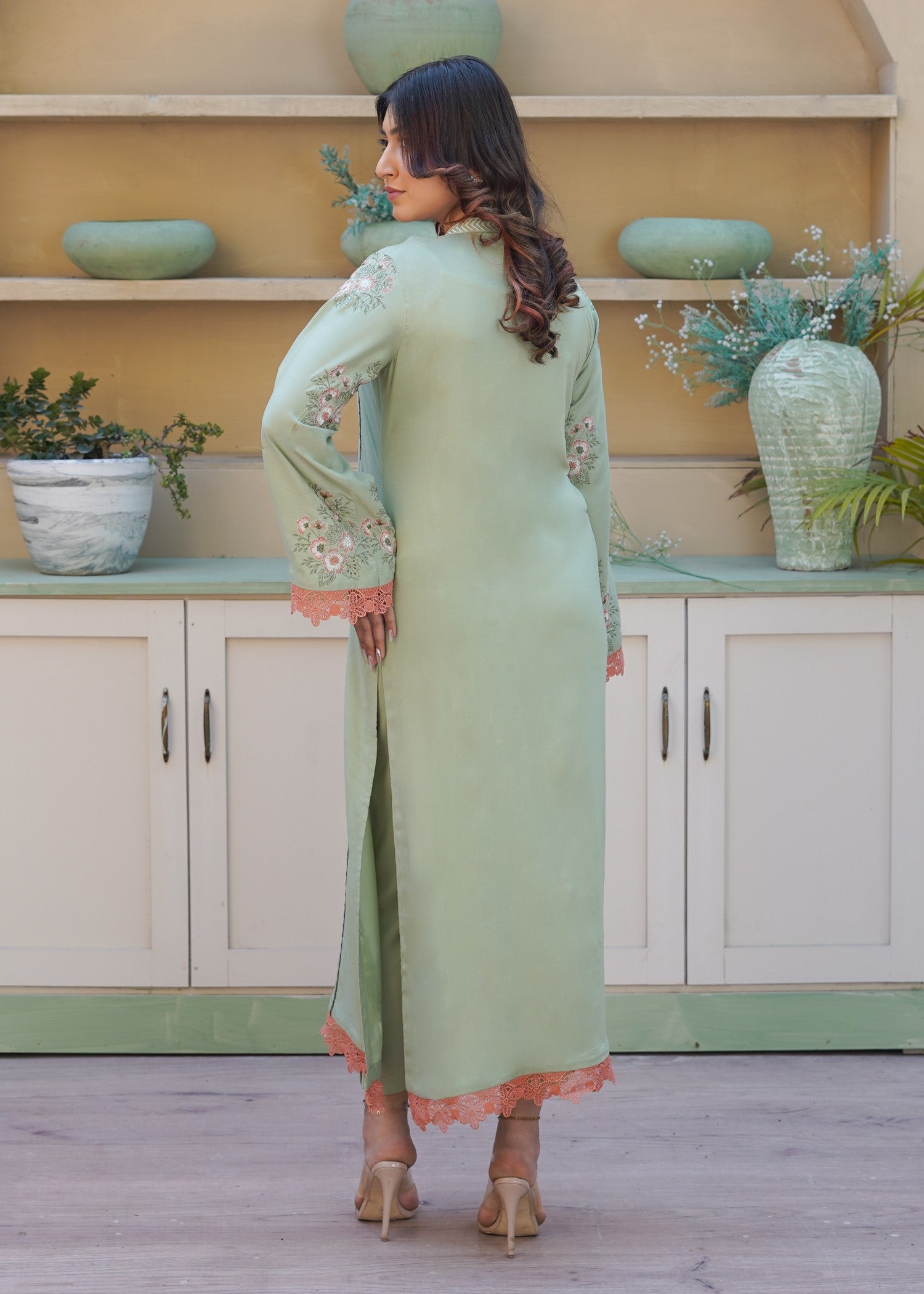 arabic lawn Kurta Set in Tea green
