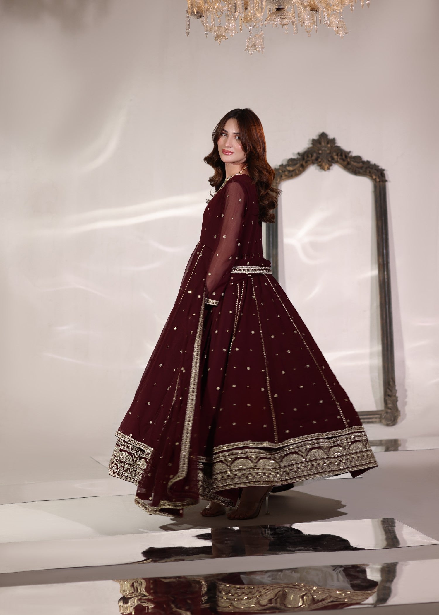 chiffon Pishwas in Maroon