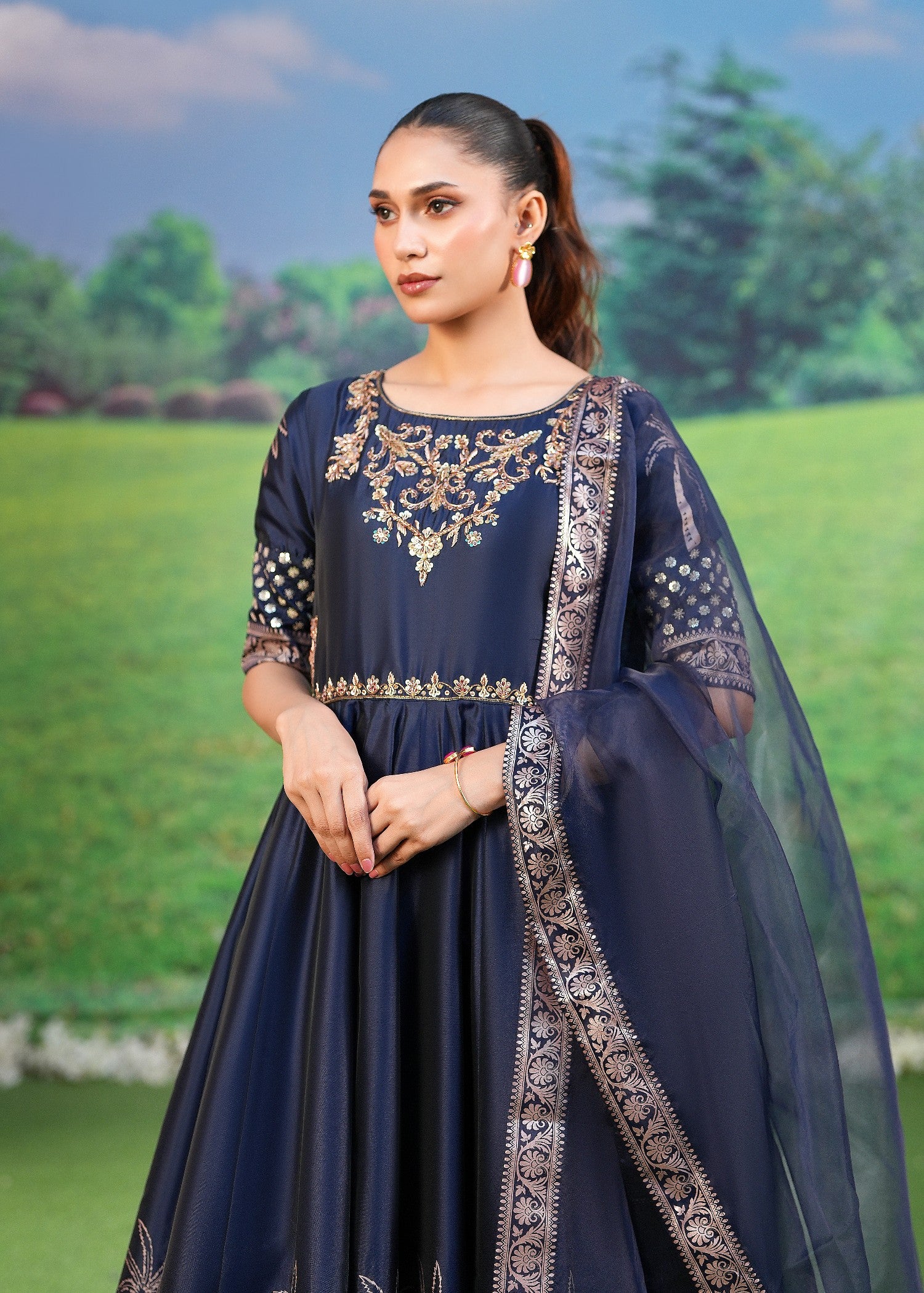 kattan silk Pishwas in Navy blue
