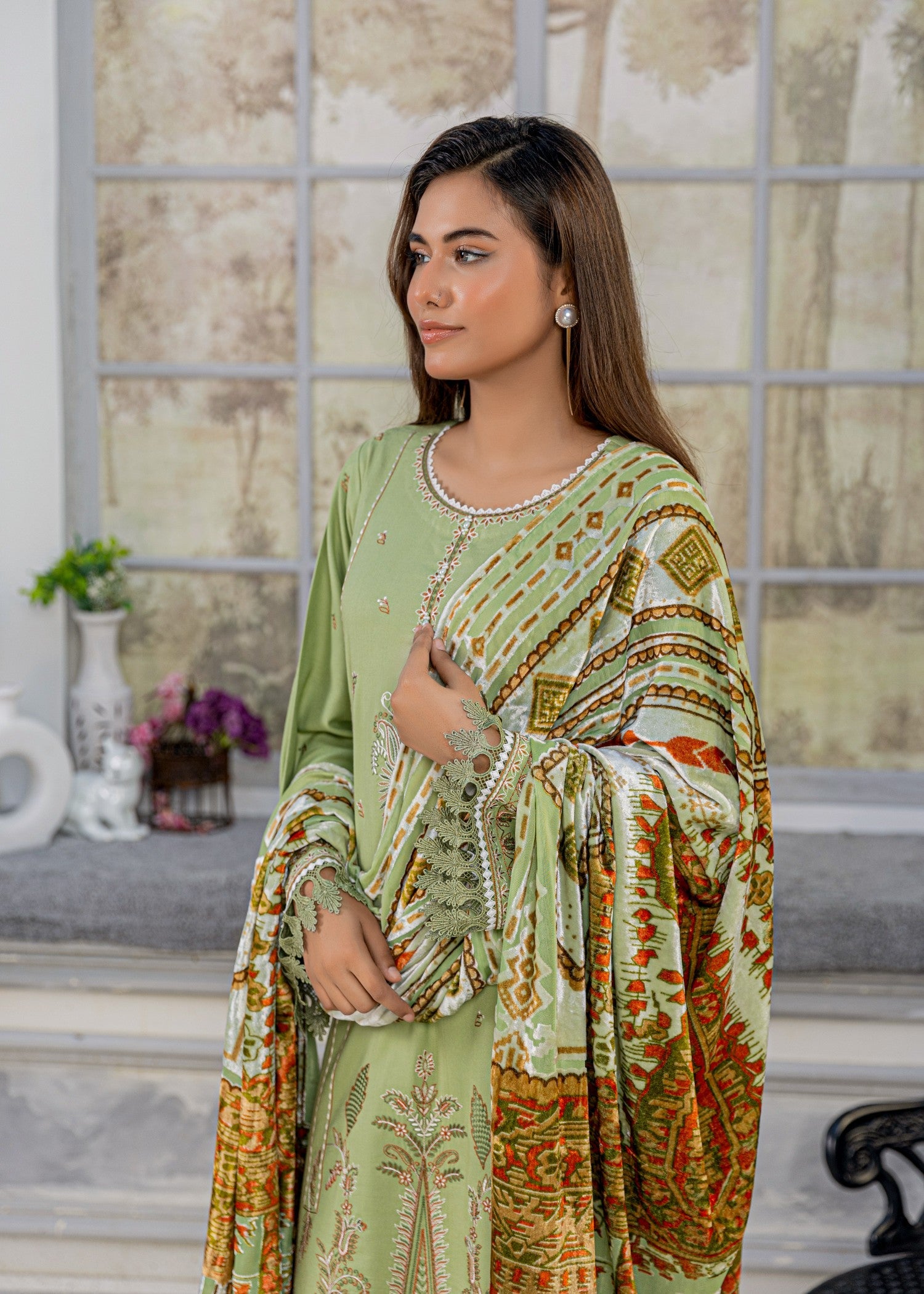 dhanak Unstitched in Pistachio green