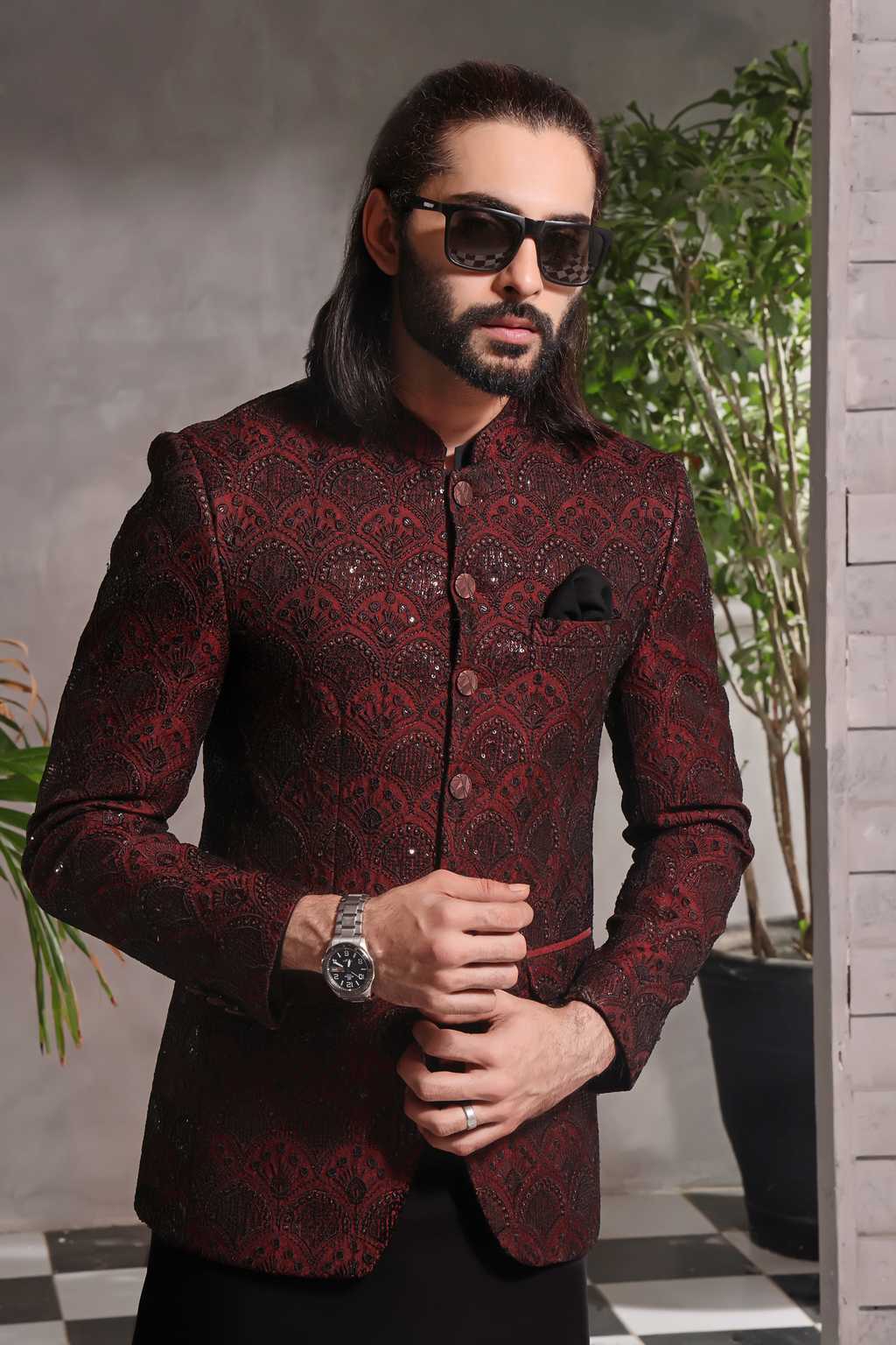 jamawar Prince Coat in Maroon