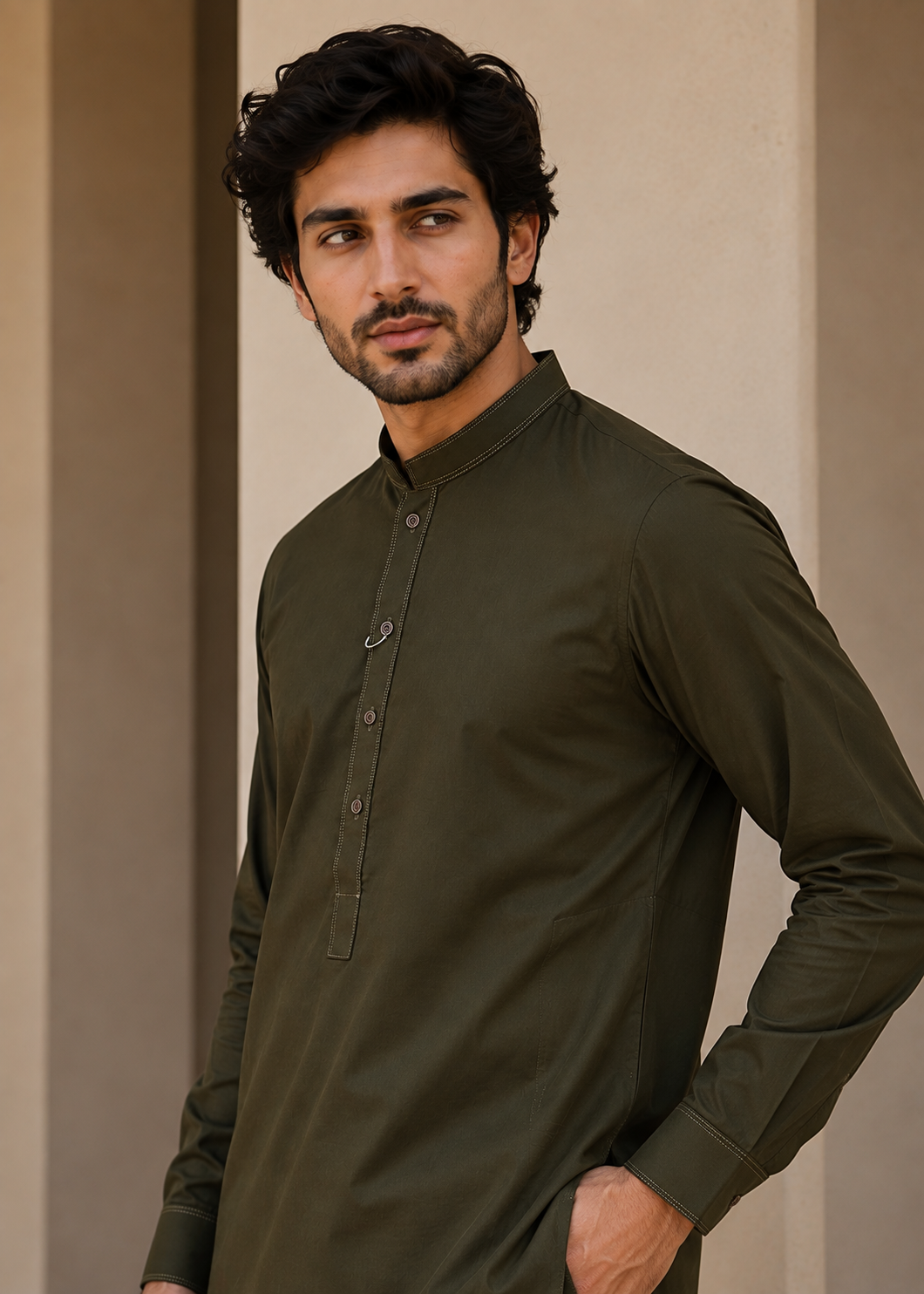 wash & wear Kurta Set in Black olive