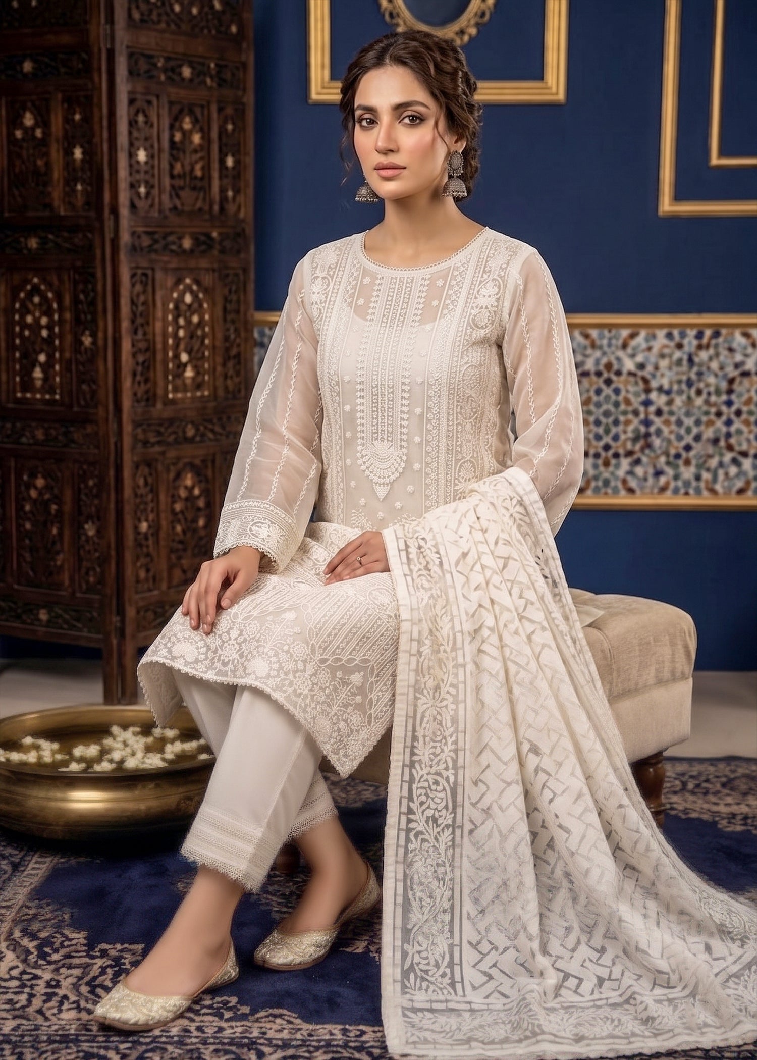 organza Kurta Set in White