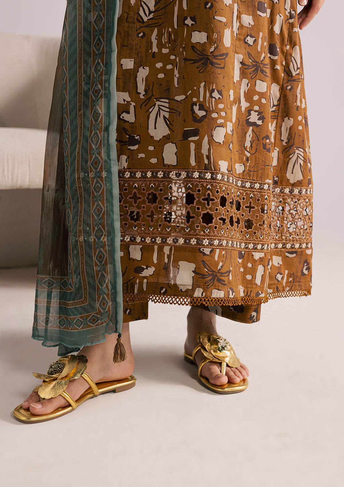 lawn Kurta Set in Caramel brown