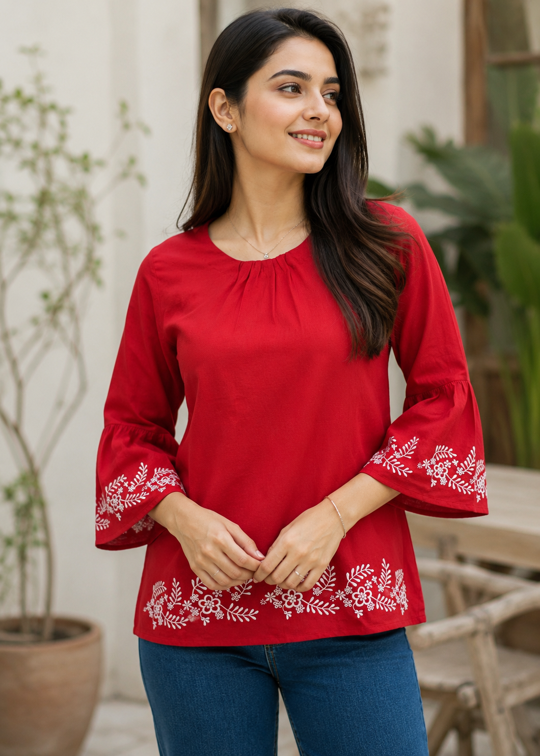 cotton karandi Top in Red