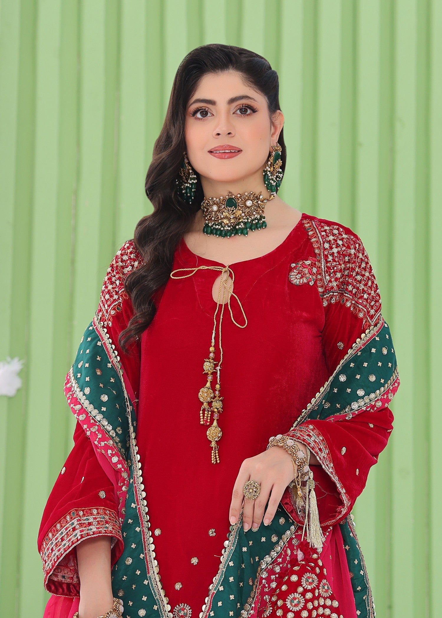 velvet Kurta Set in Fire red