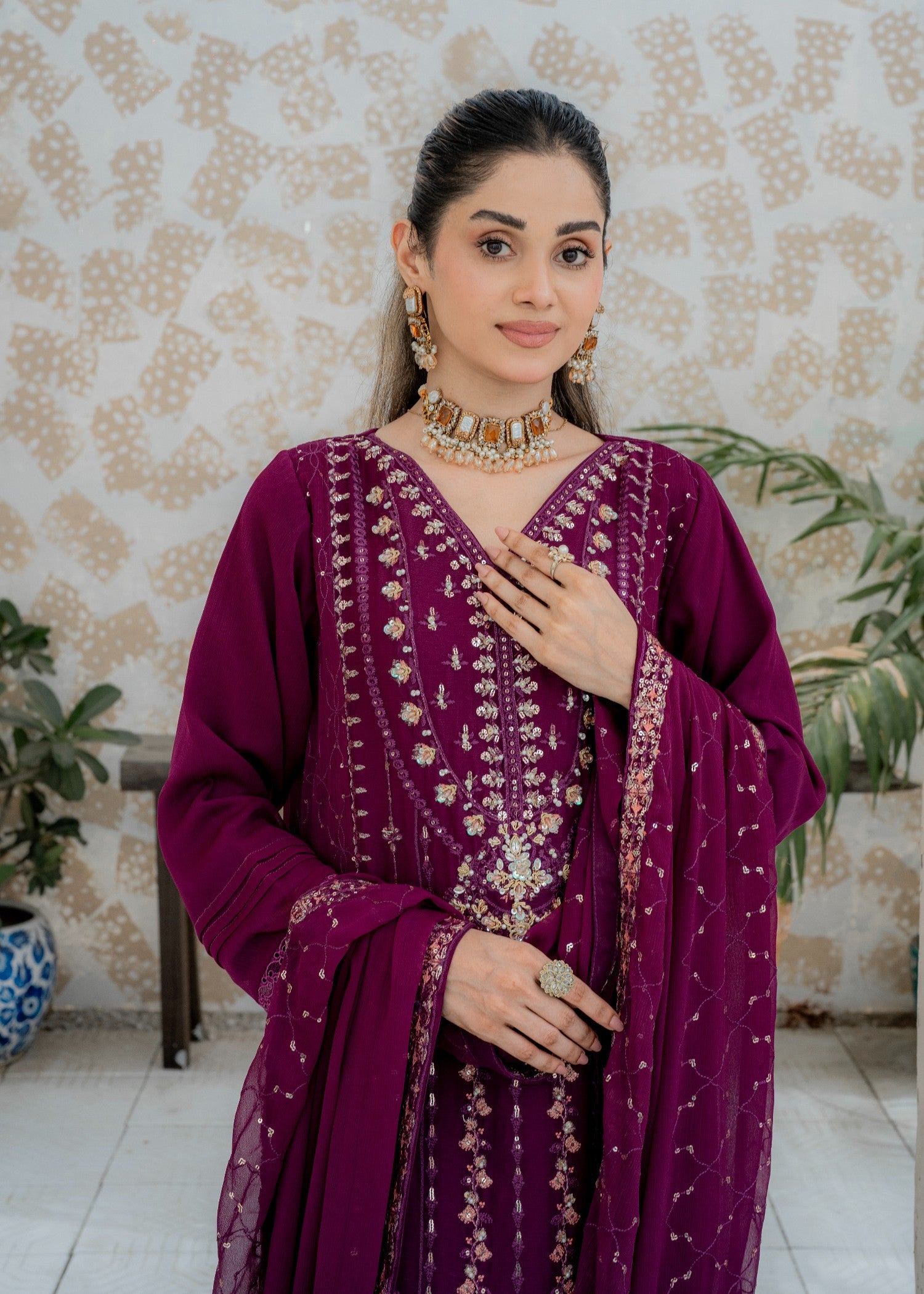 chiffon Kurta Set in Deep purple