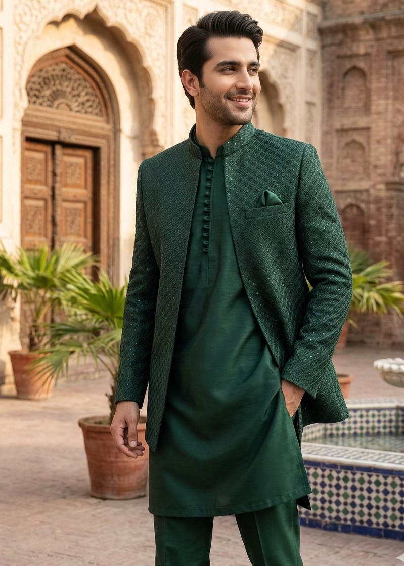 silk Prince Coat in Bottle green by Dulha Fashion House