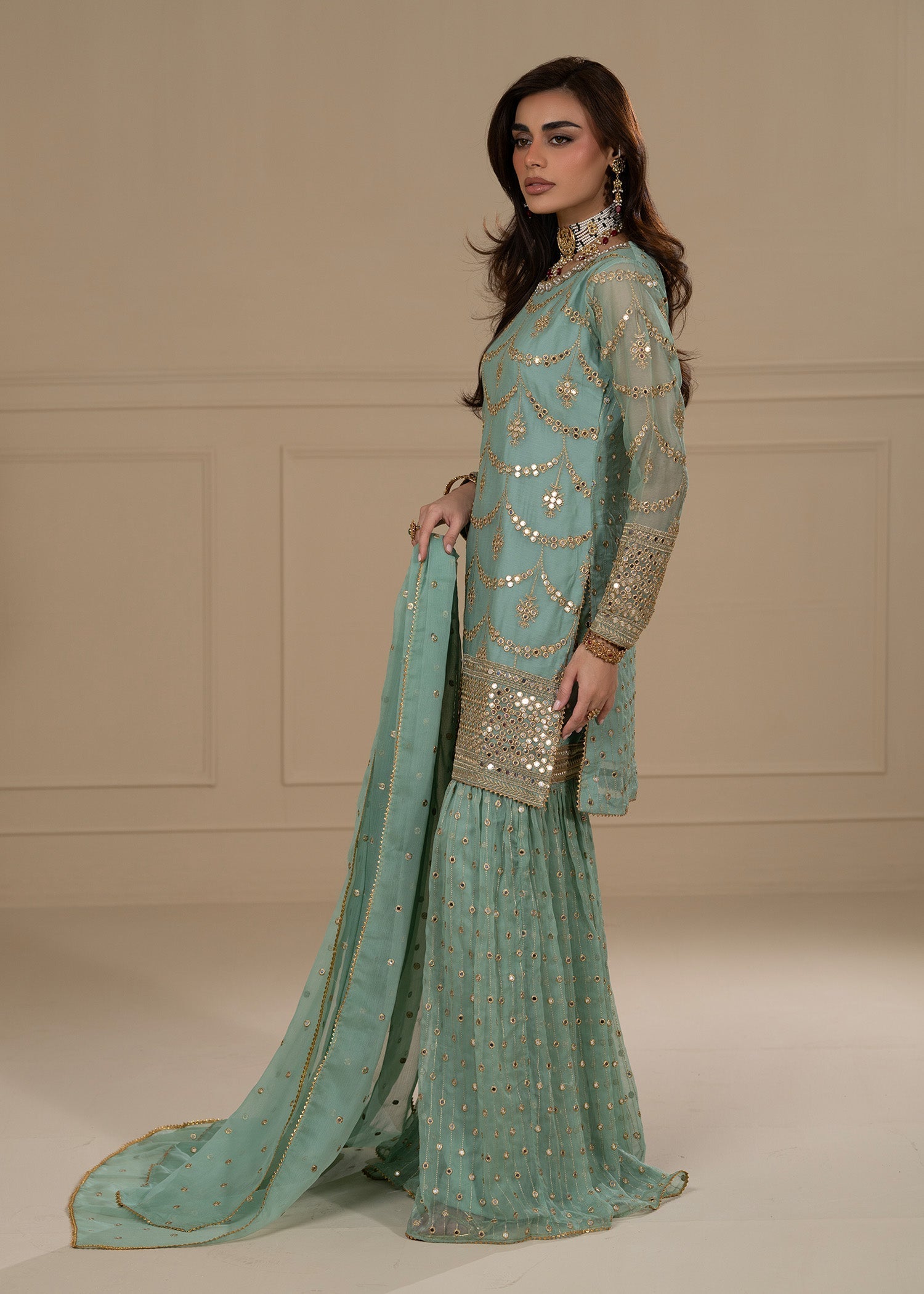 chiffon Gharara in Aquamarine