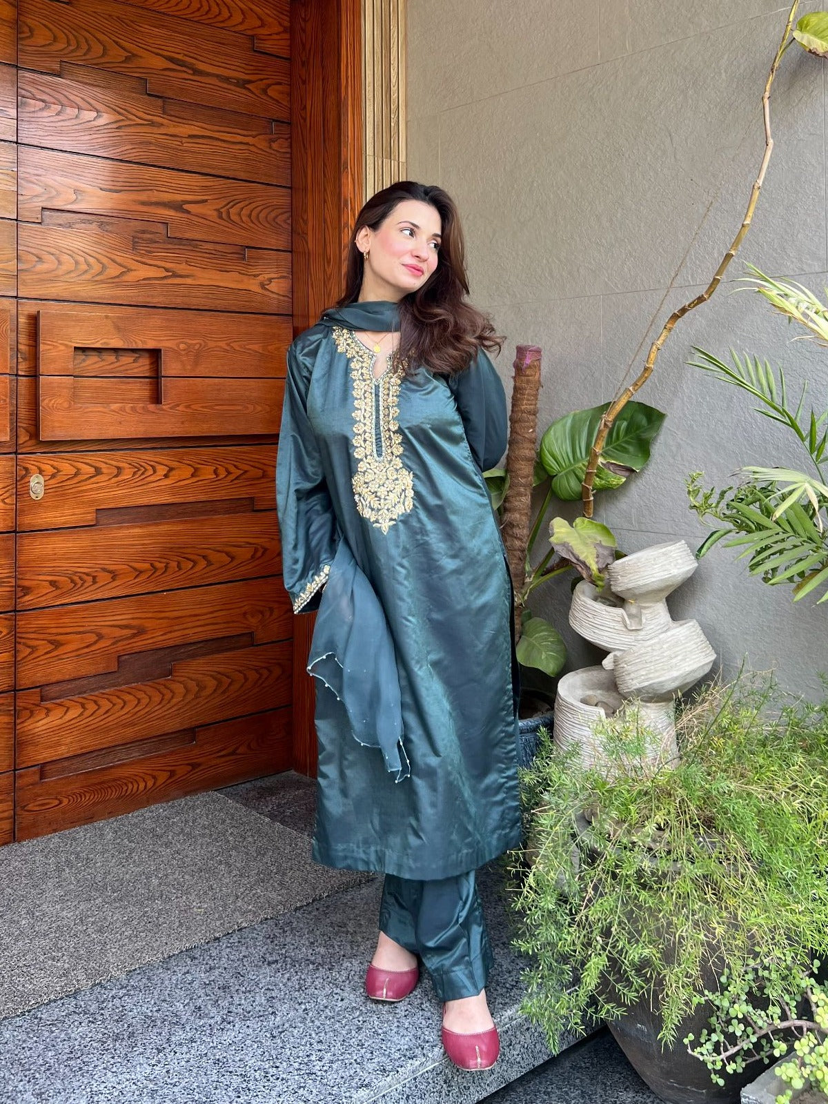 cotton silk Kurta Set in Forest green