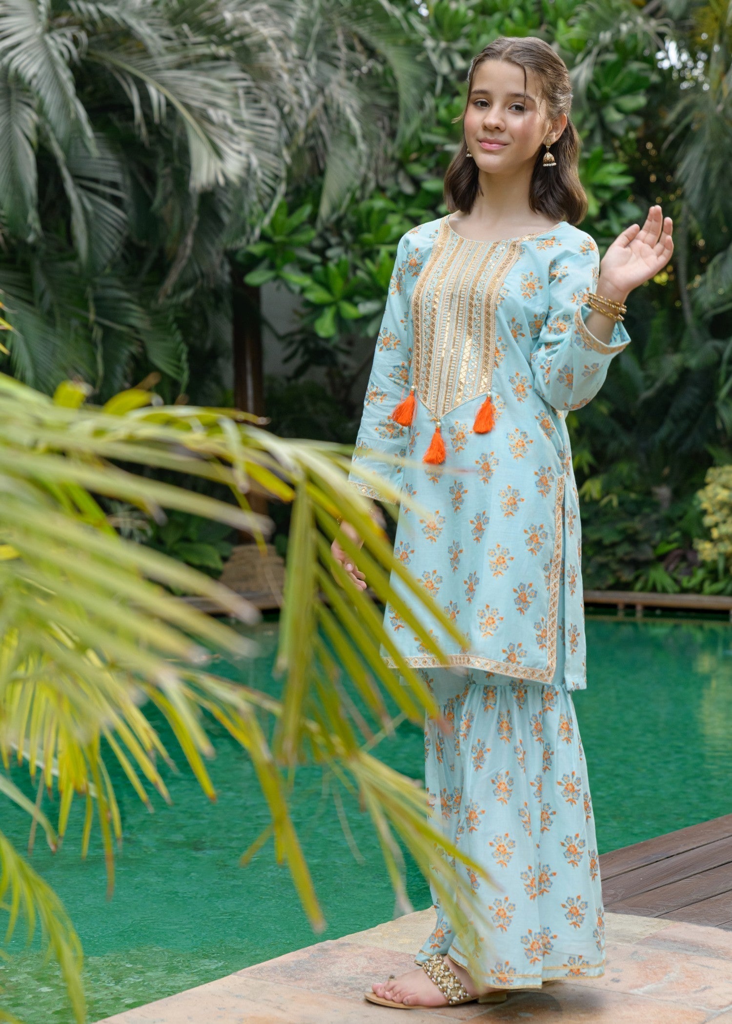 lawn Gharara in Turquoise