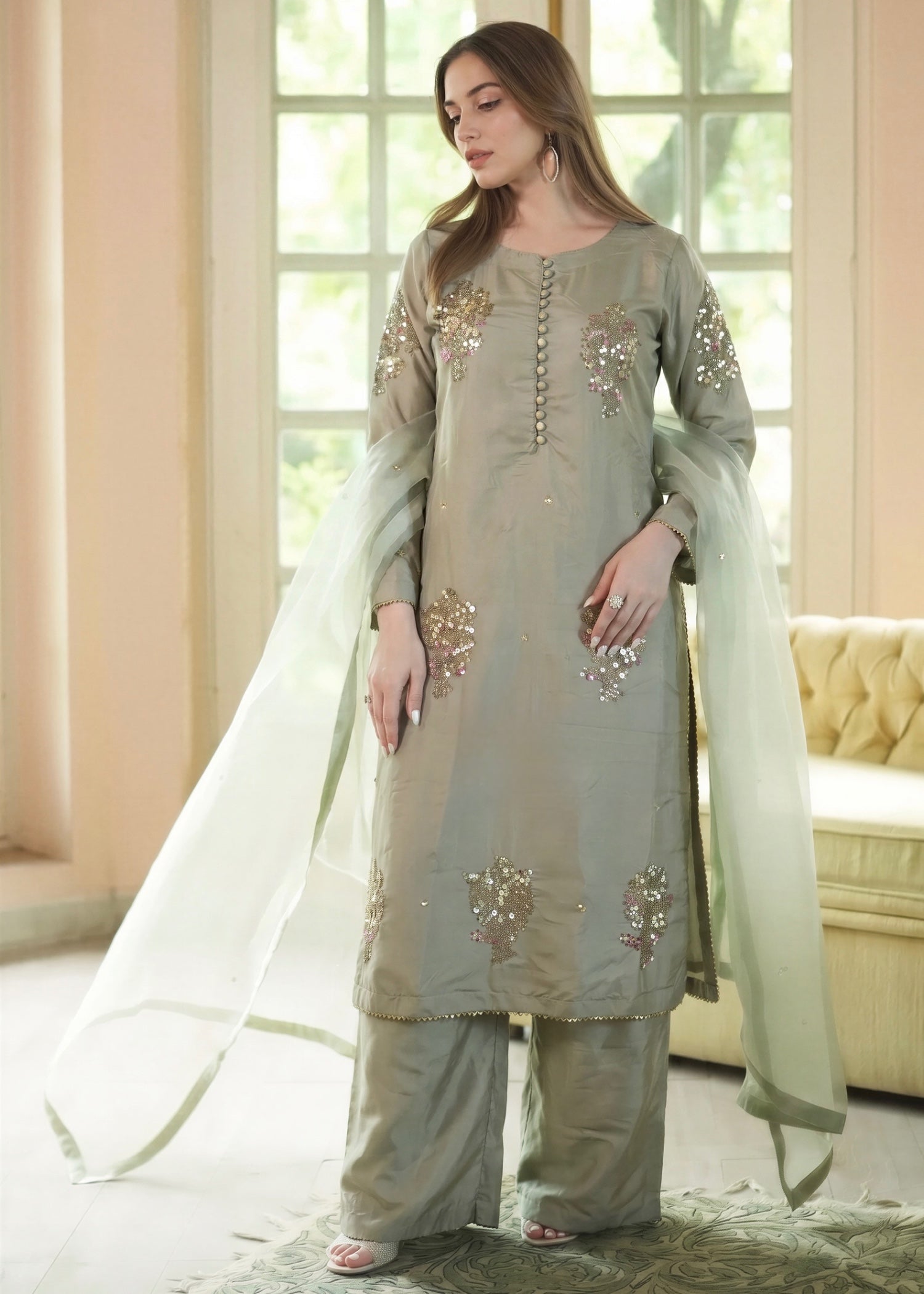 kattan silk Kurta Set in Moss green
