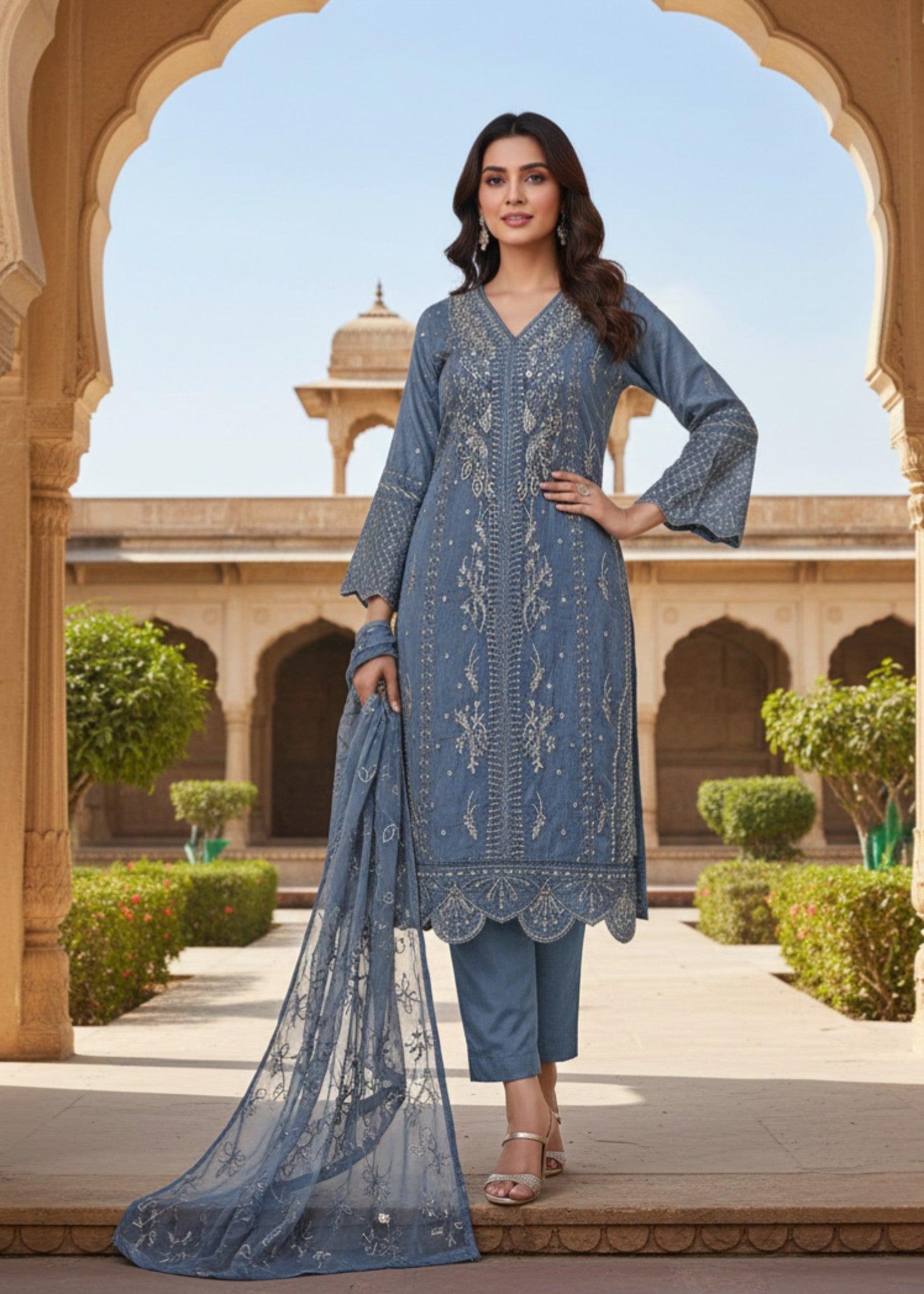 organza net Kurta Set in Steel blue