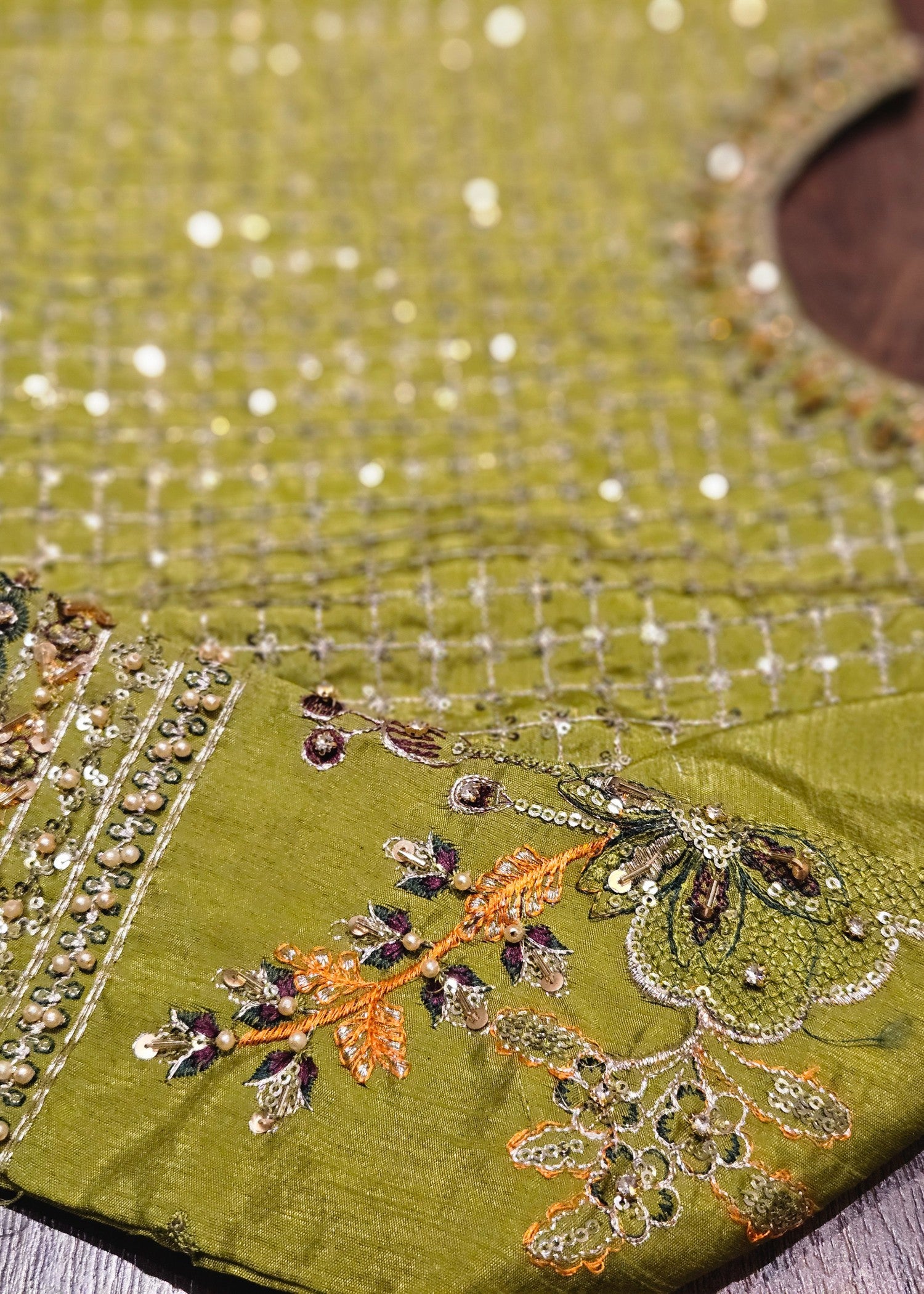 raw silk Lehenga in Olive green, multi
