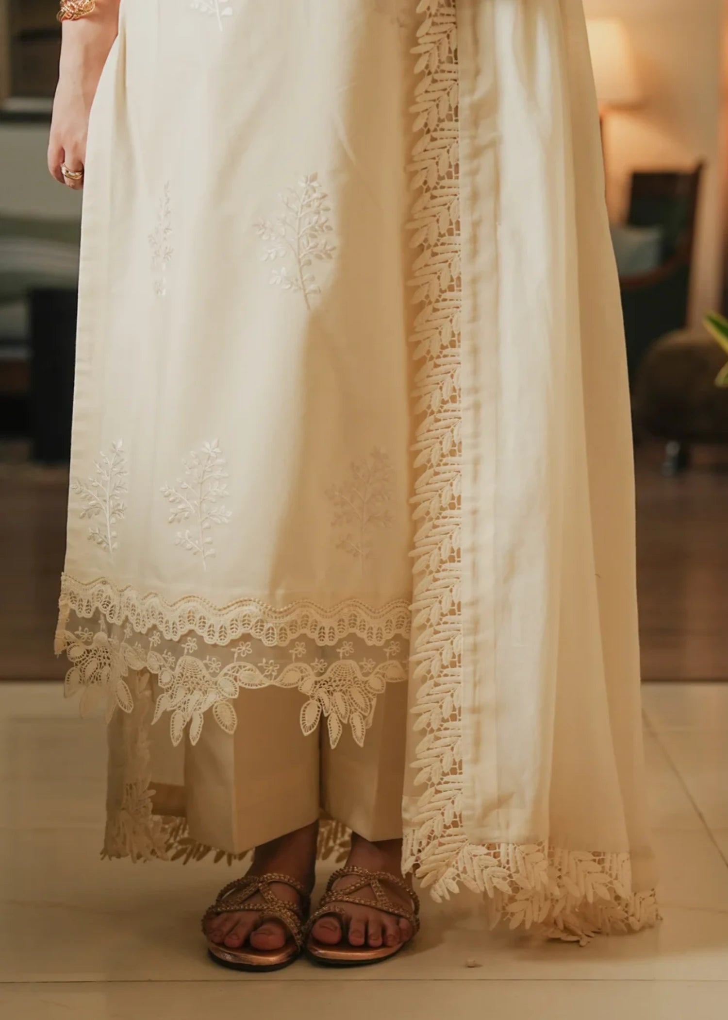 lawn cotton Kurta Set in Ivory