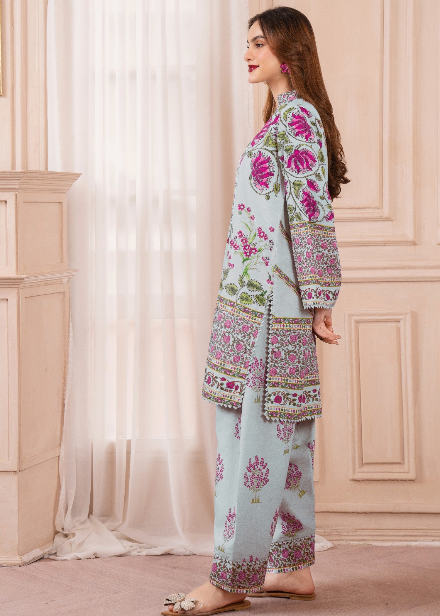 silk finish lawn Kurta Set in Moss green