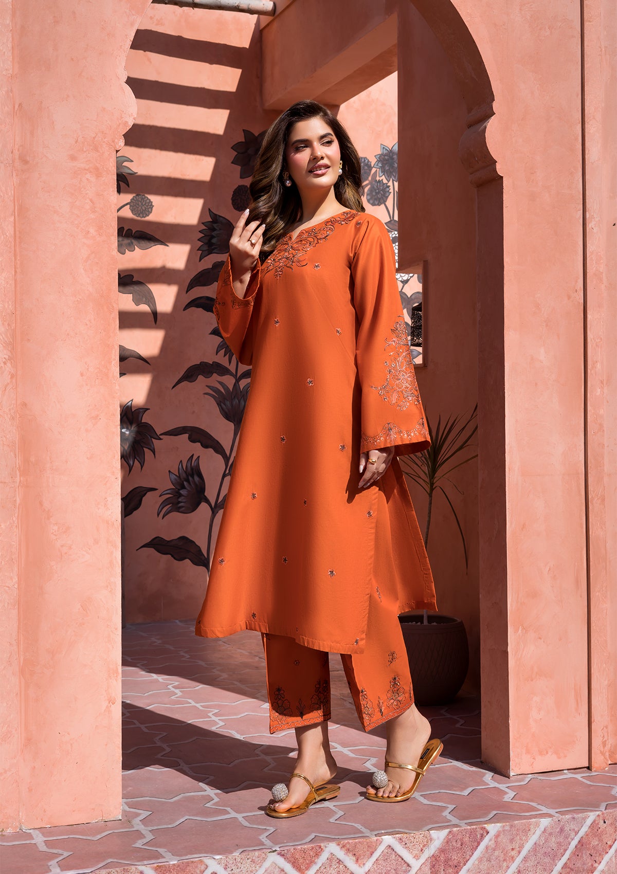 cotton Kurta Set in Persimmon