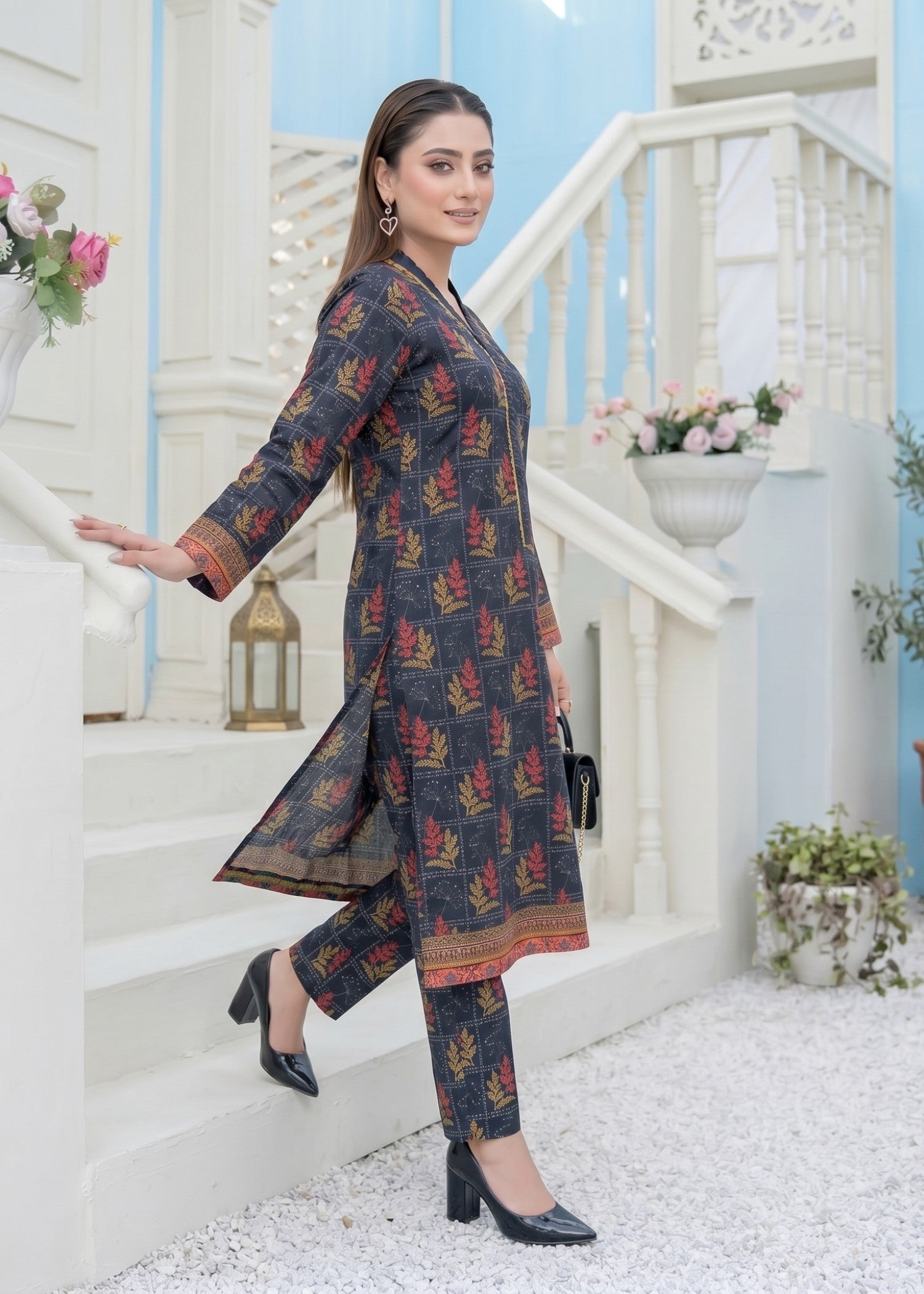 lawn Kurta Set in Carmine, aegean blue