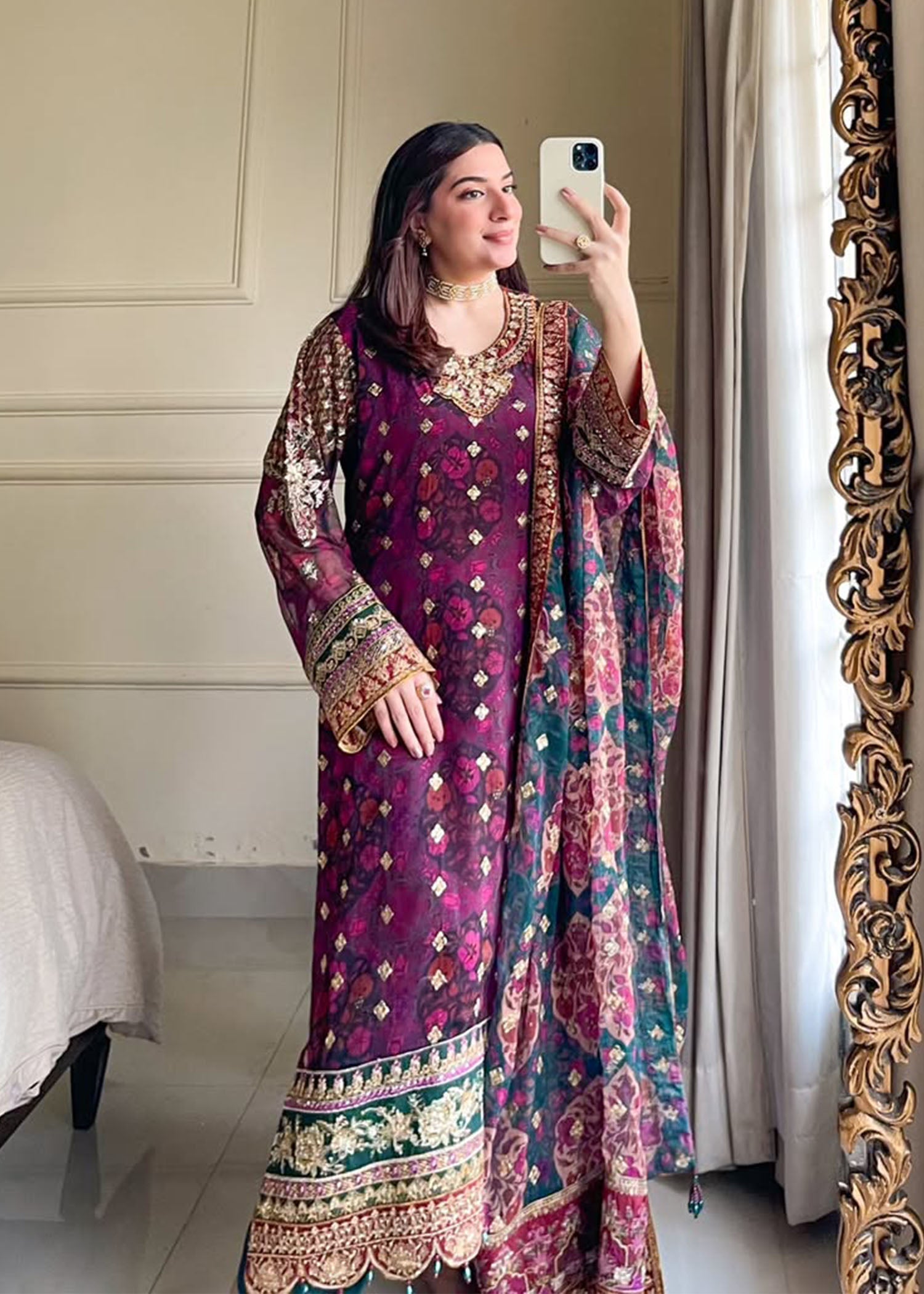 chiffon Kurta Set in Magenta