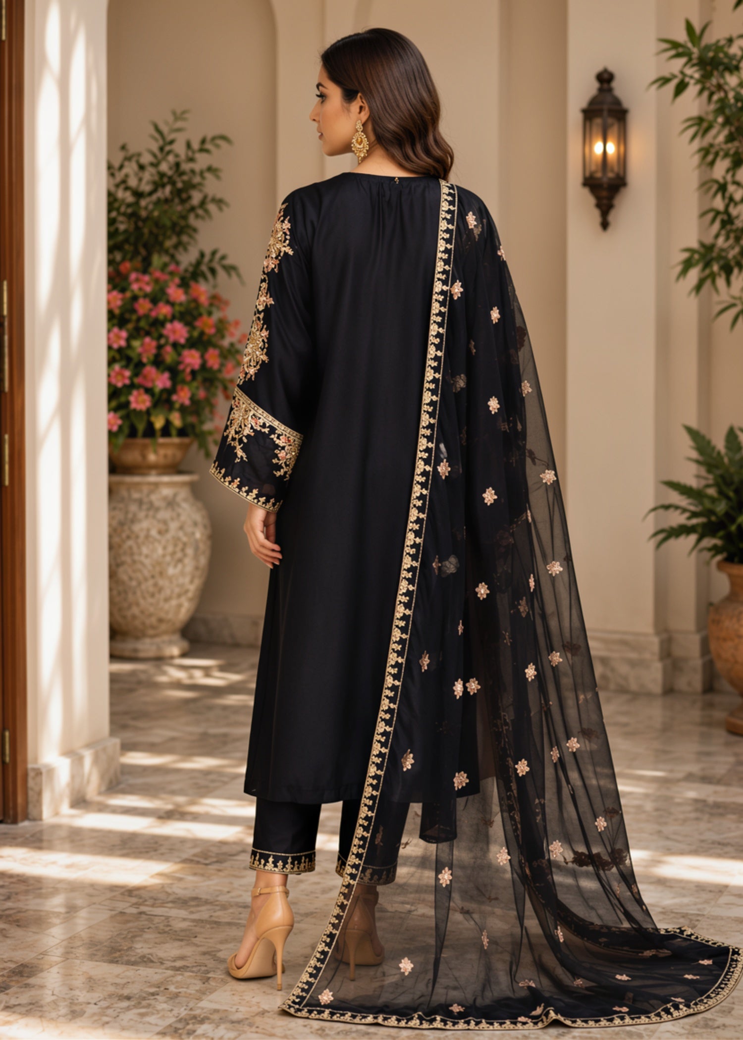silk charmeuse Kaftan in Black