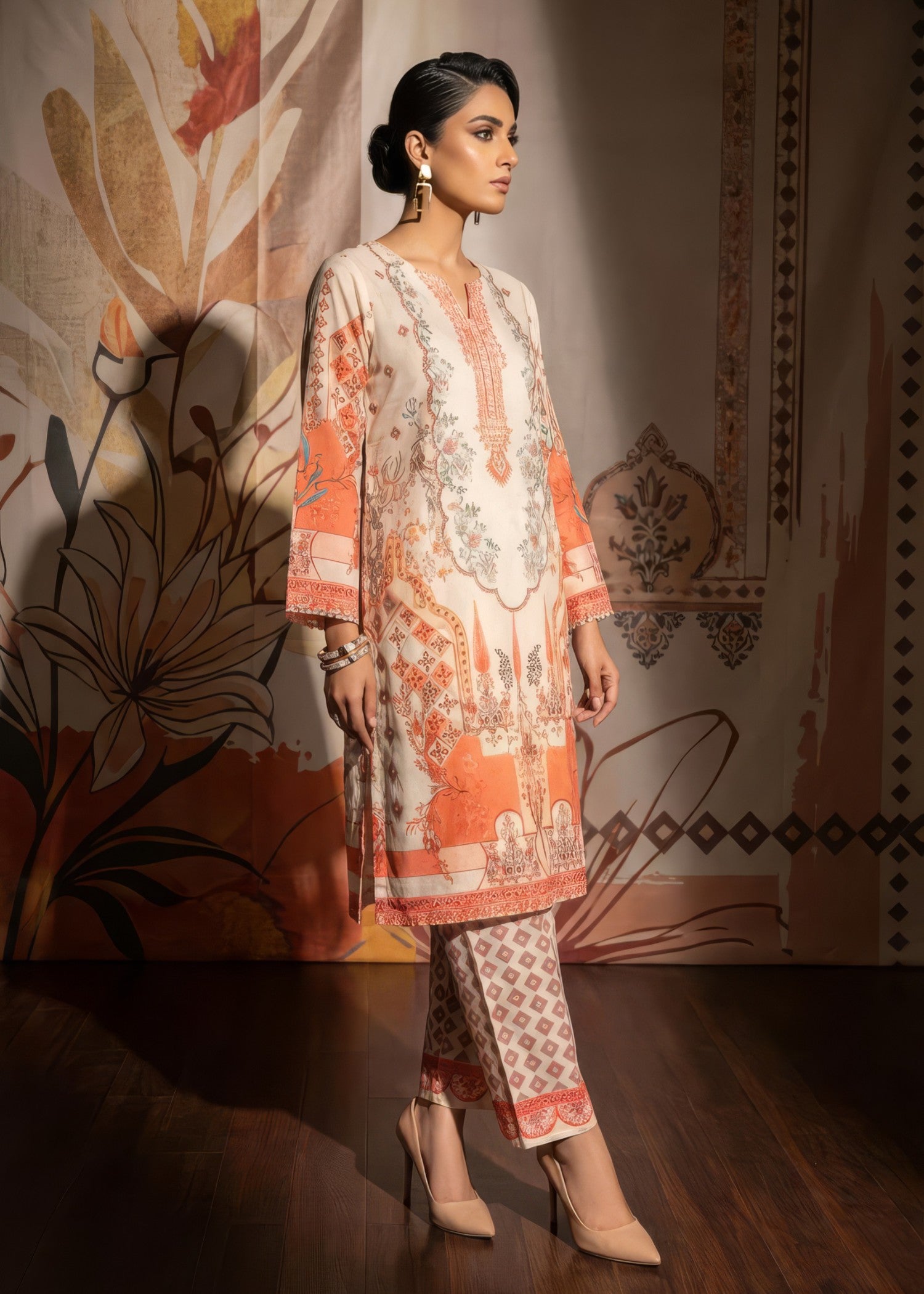 poly lawn Kurta Set in Apricot orange, ivory