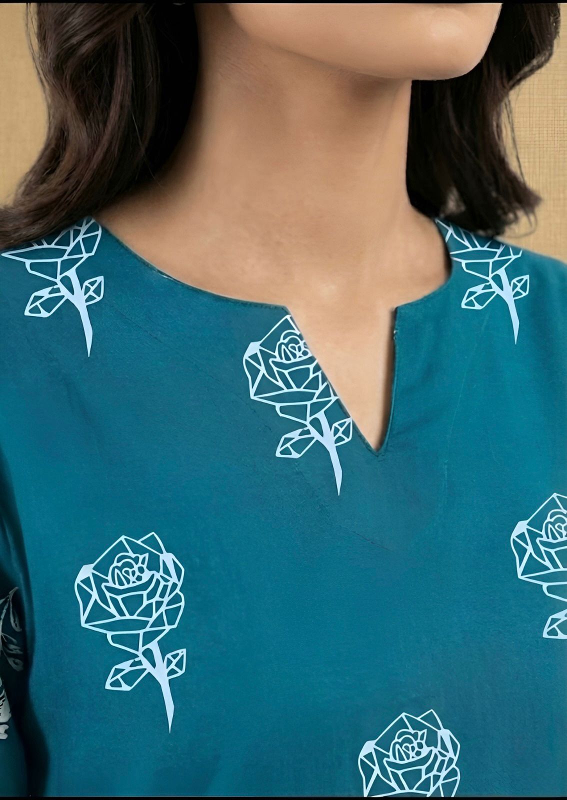linen Kurta Set in Teal, off-white
