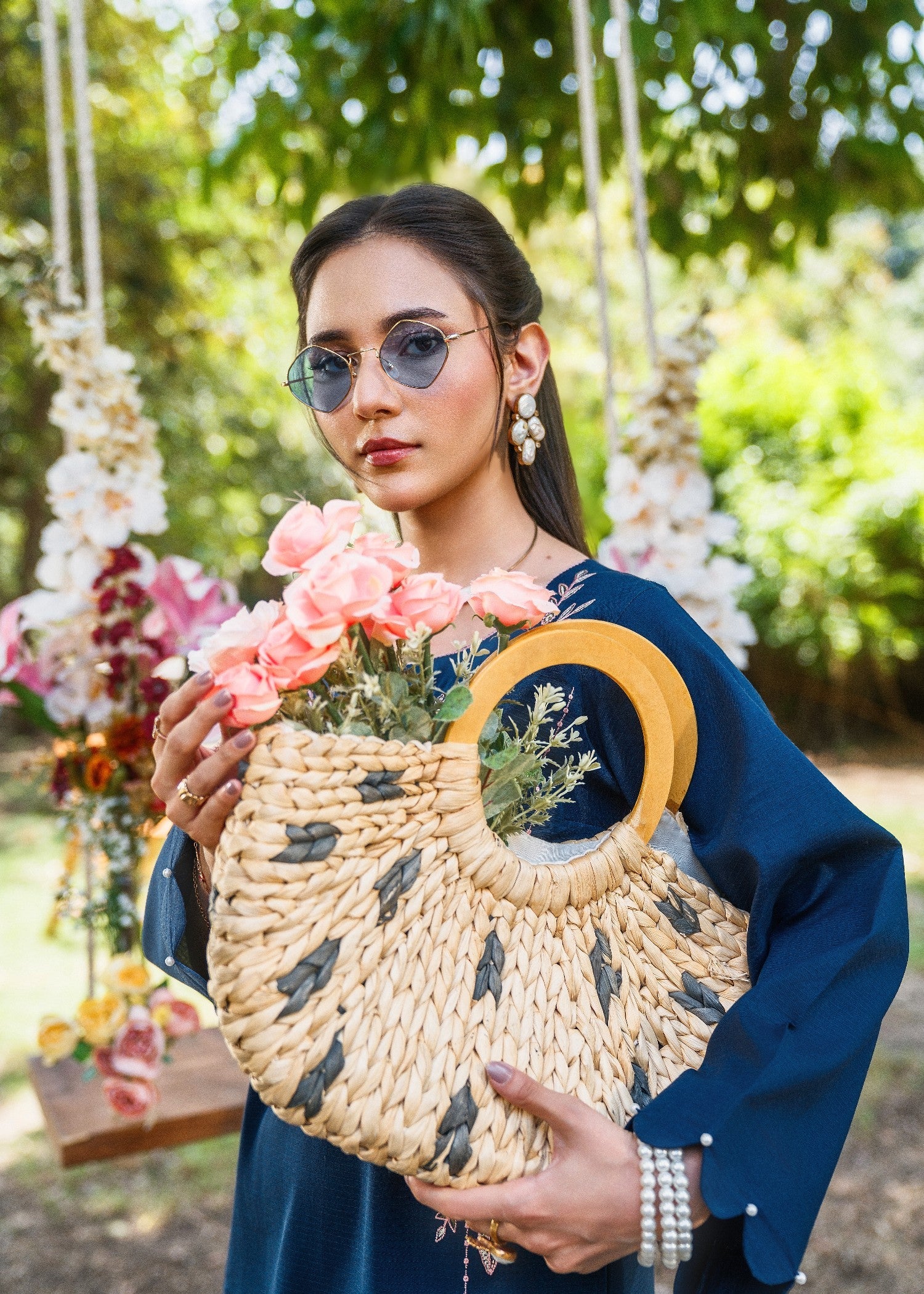 textured lawn Kurta Set in Navy blue