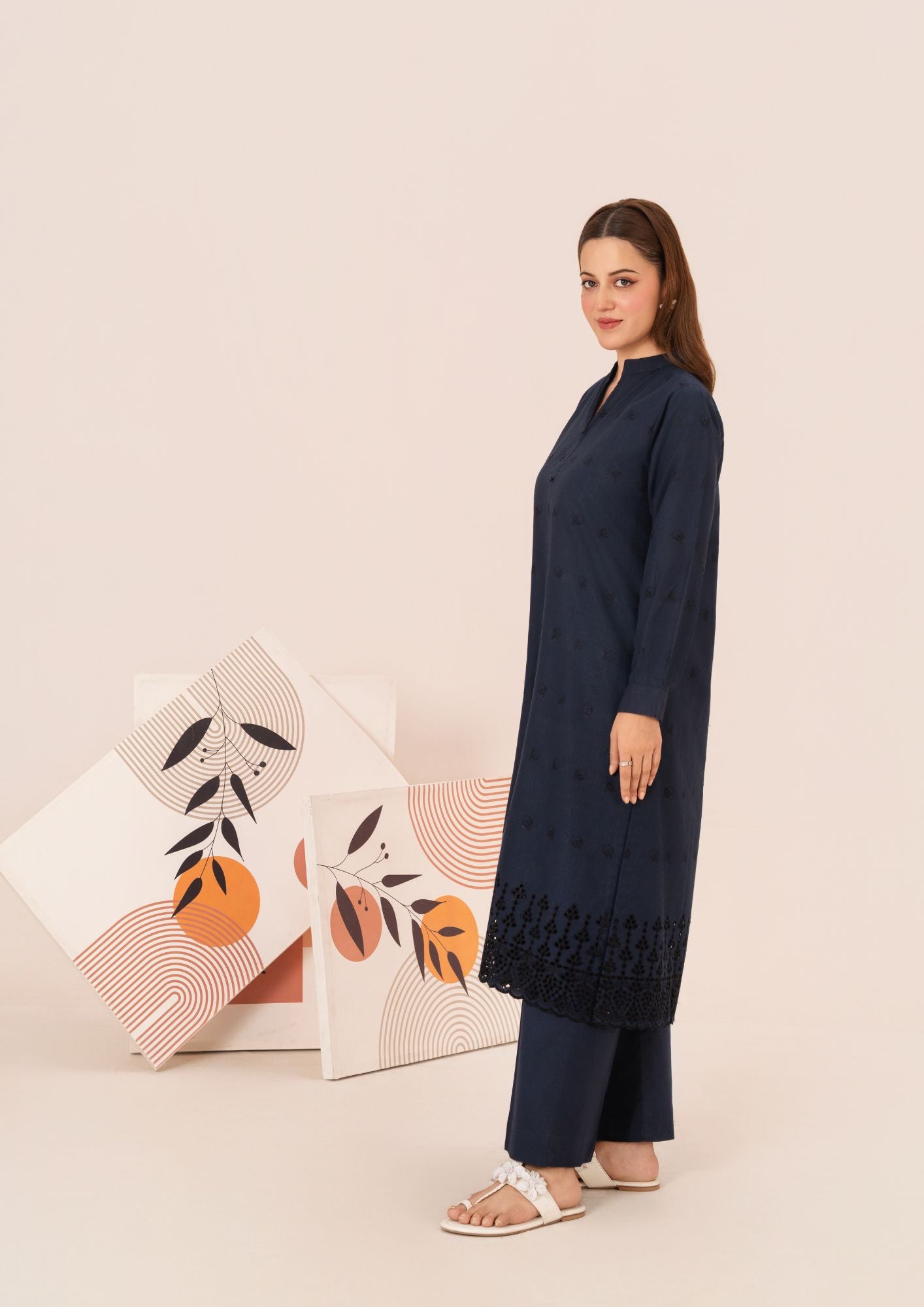 cambric Kurta Set in Navy blue