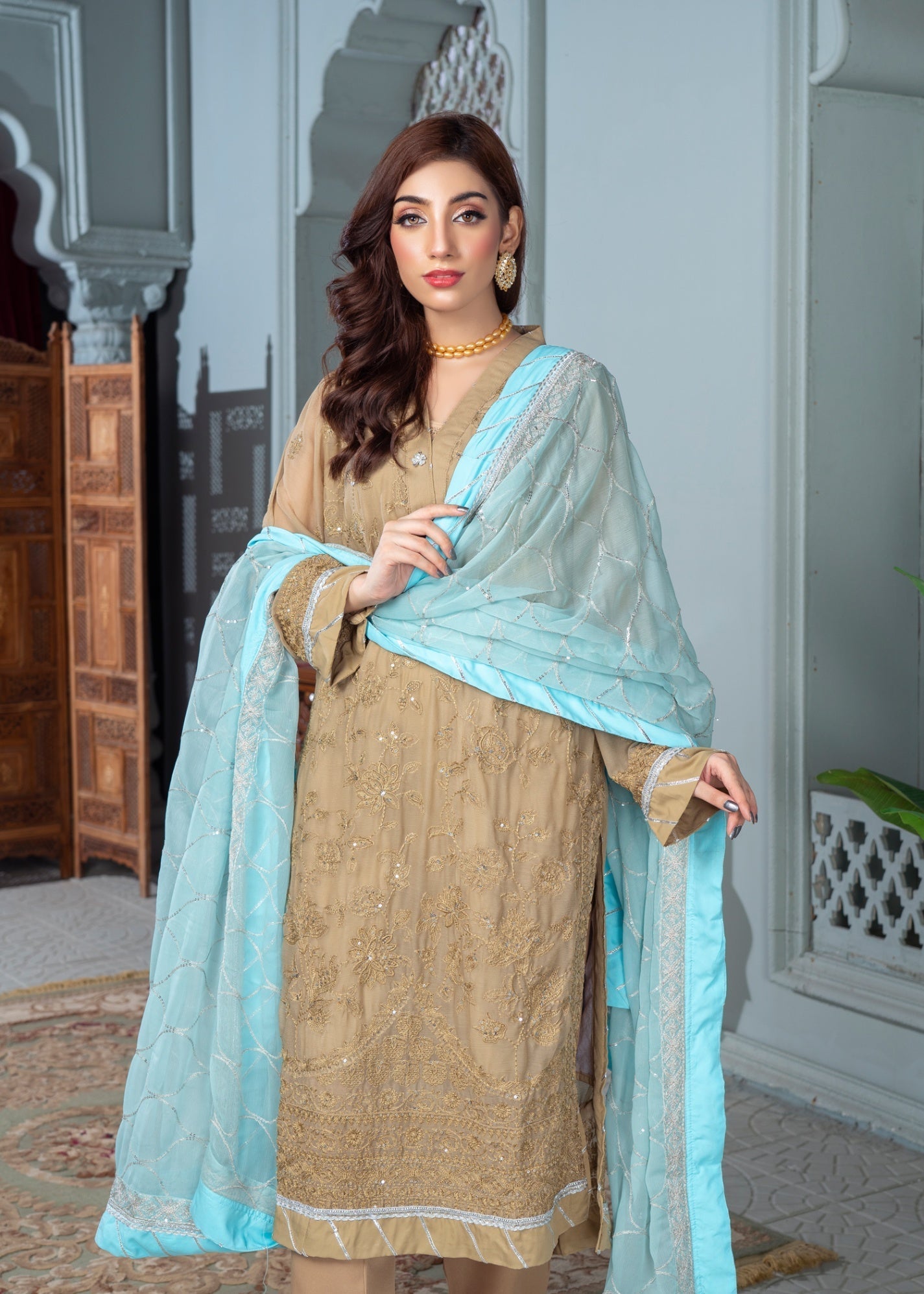 chiffon Kurta Set in Sand brown