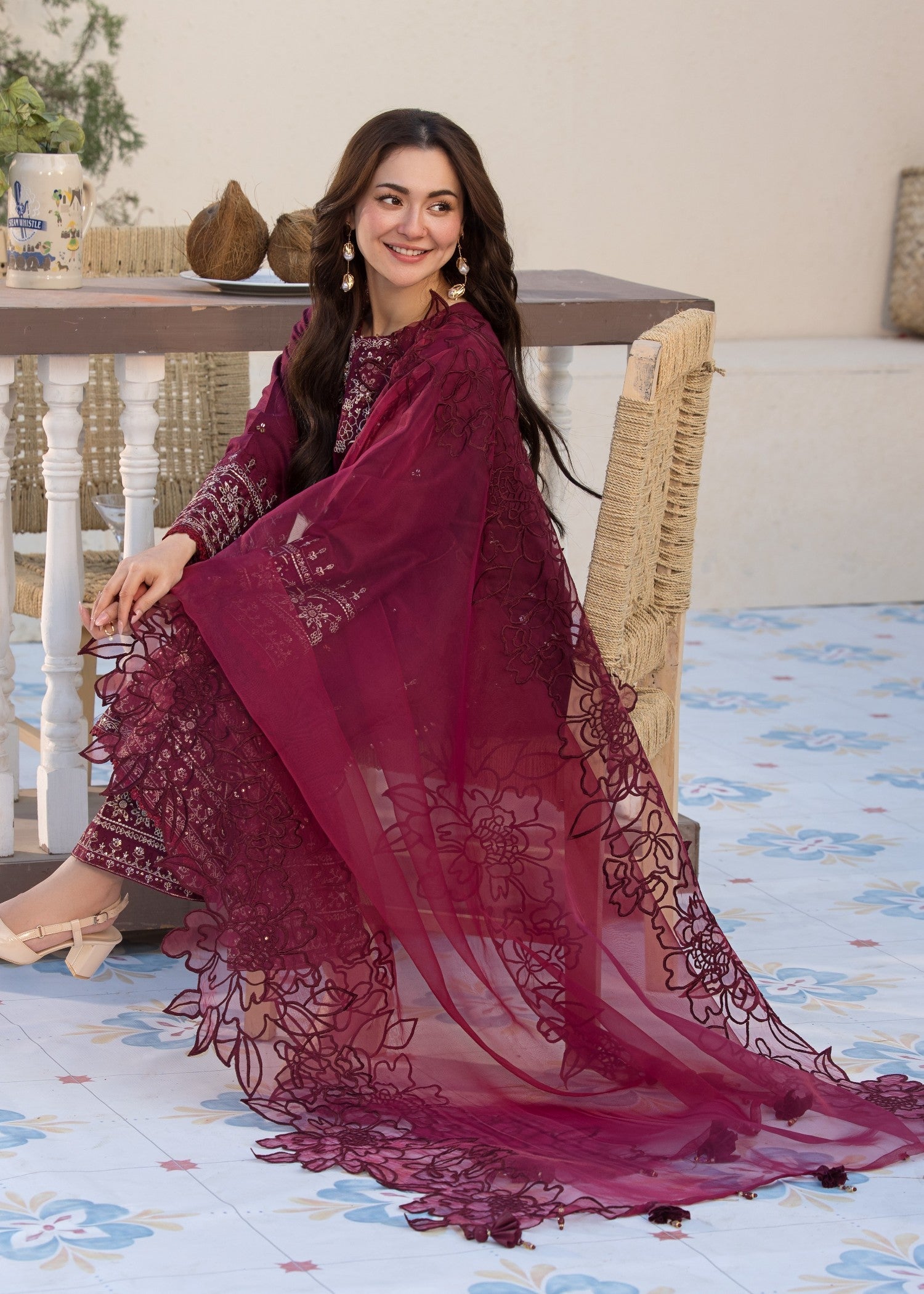 self jacquard Kurta Set in Maroon