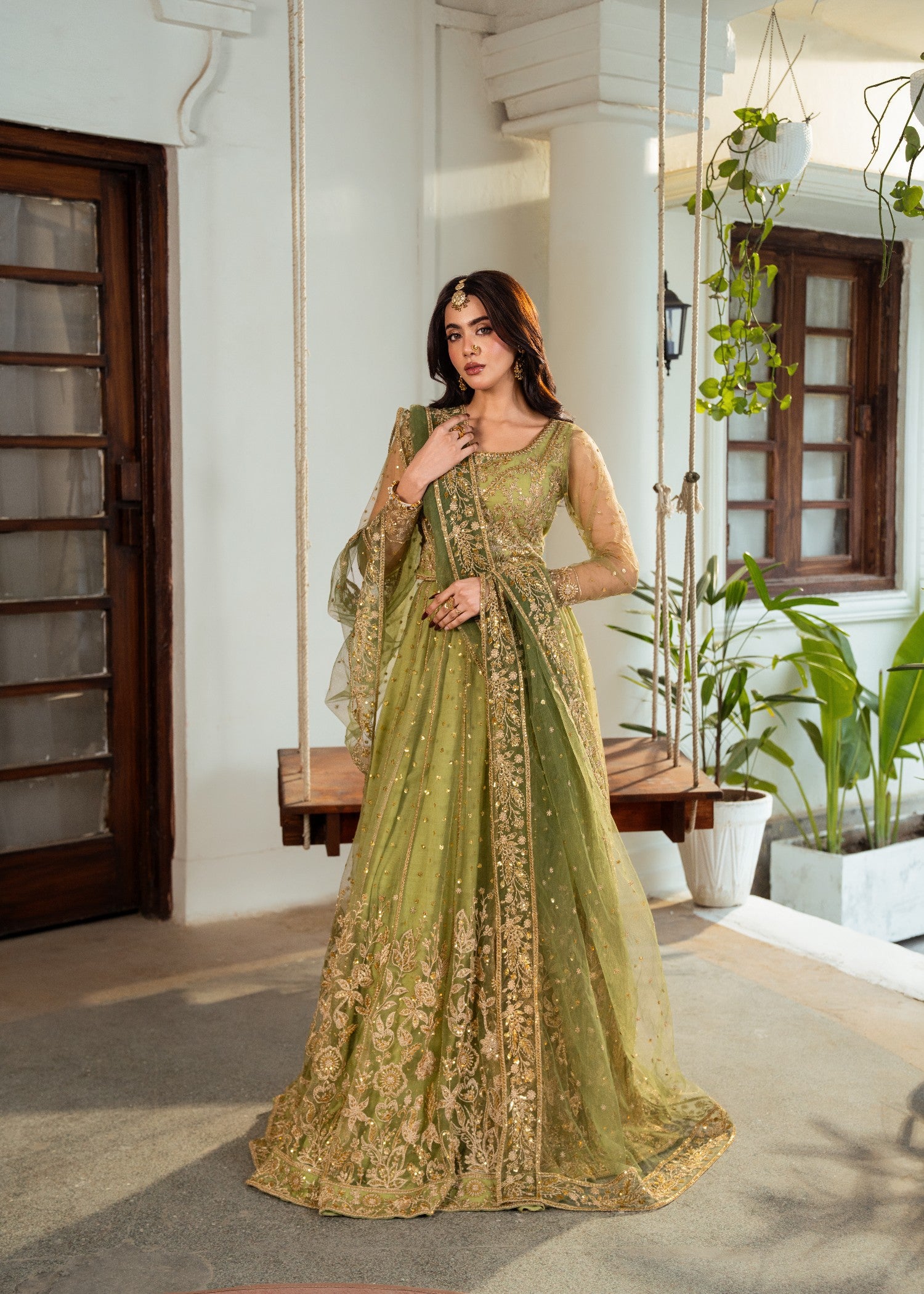 net Lehenga in Olive green