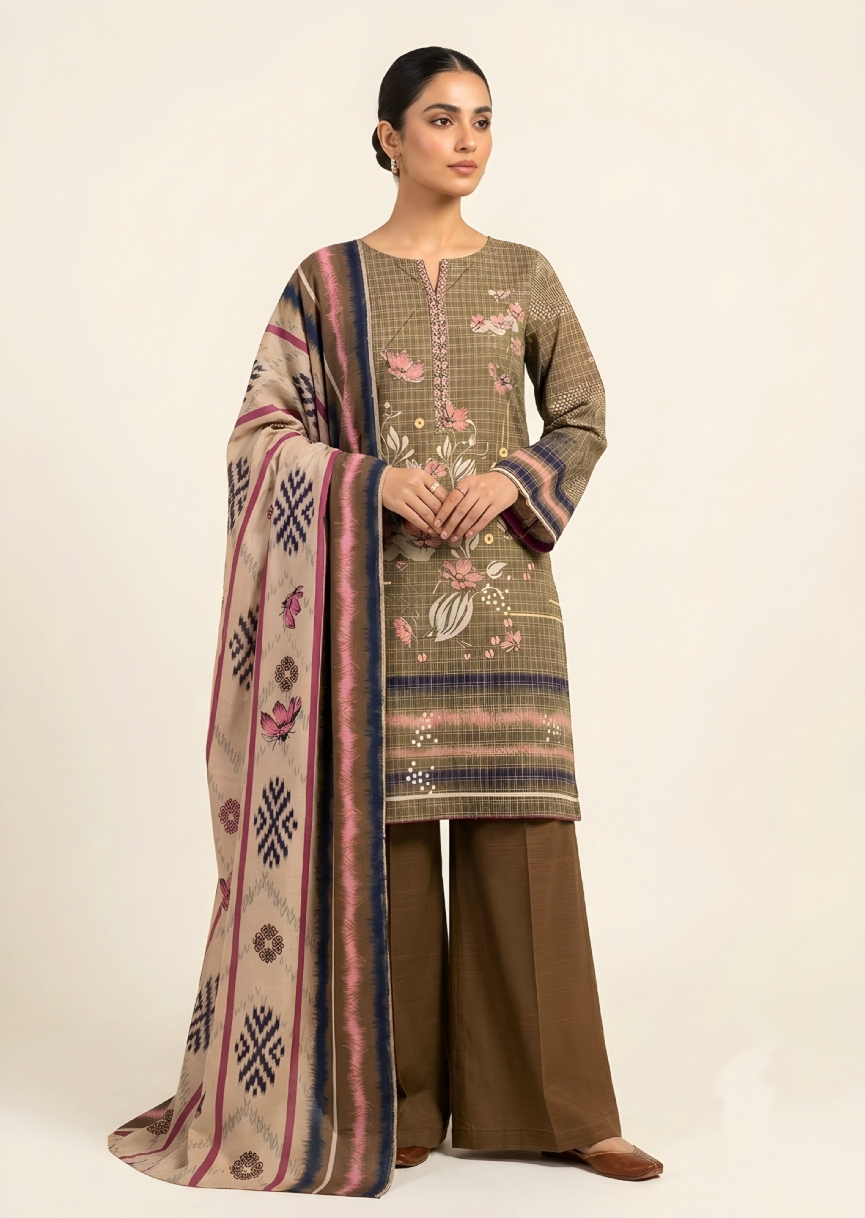 khaddar Unstitched in Dark brown, peanut