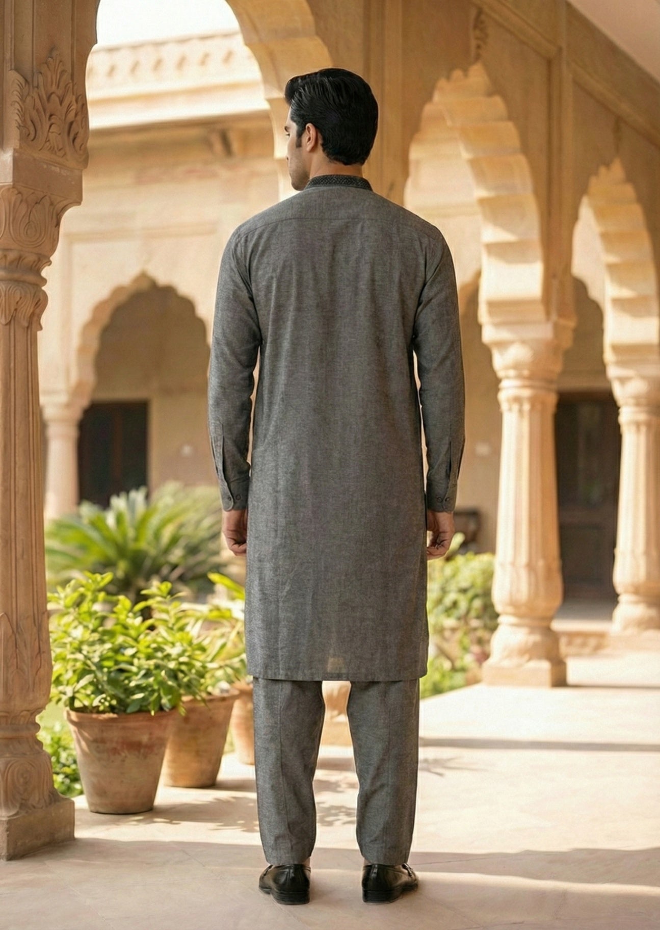 textured wash & wear Shalwar Kameez in Charcoal
