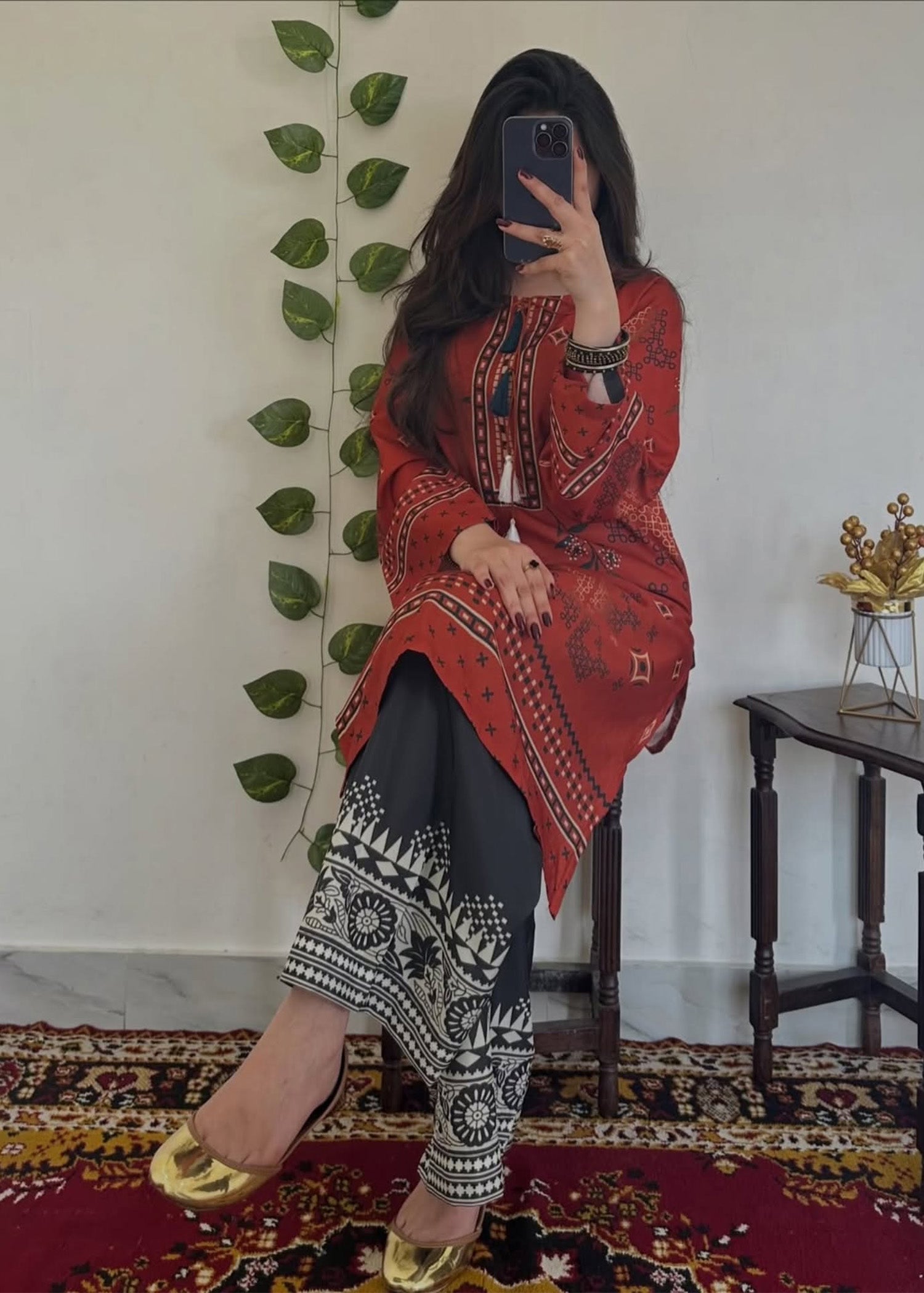 korean raw silk Kurta Set in Rustic brown