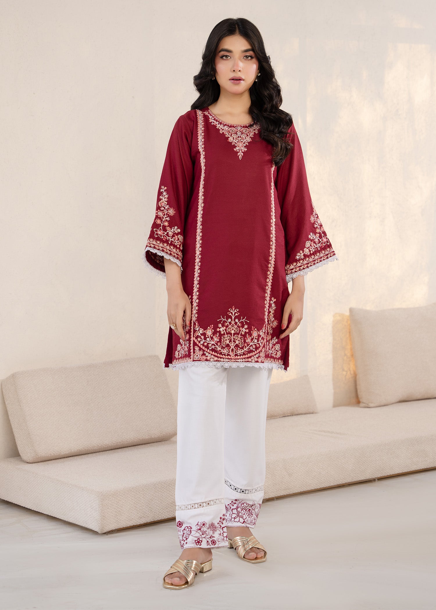 wool viscose Kurta Set in Burgundy