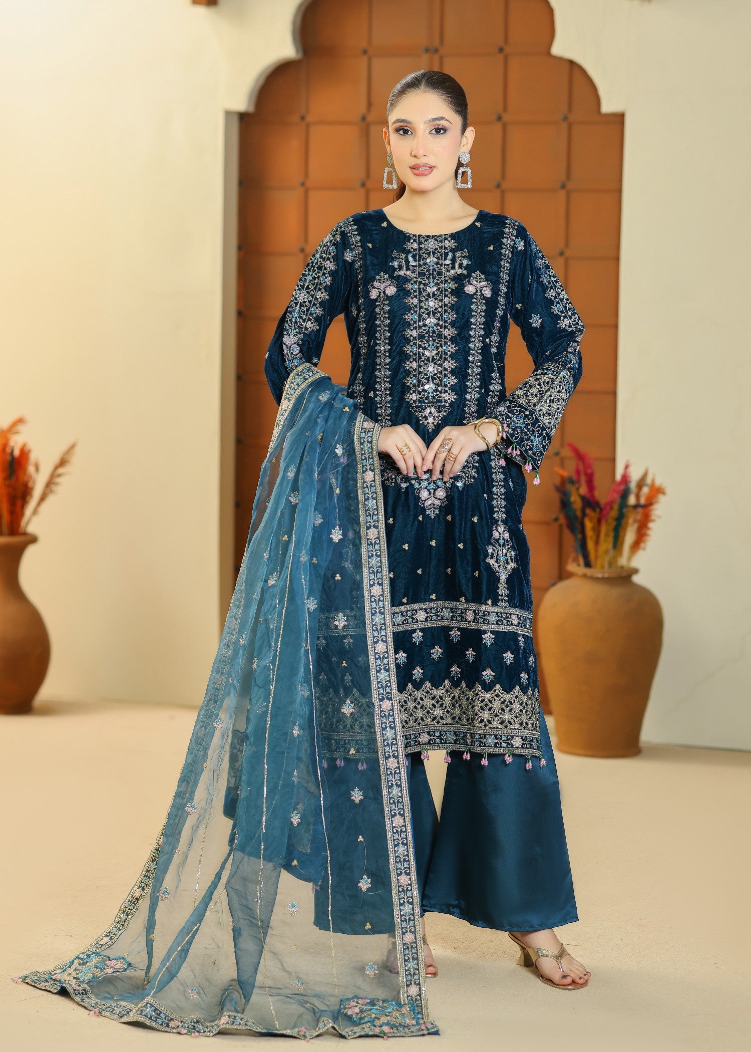velvet Kurta Set in Sapphire blue