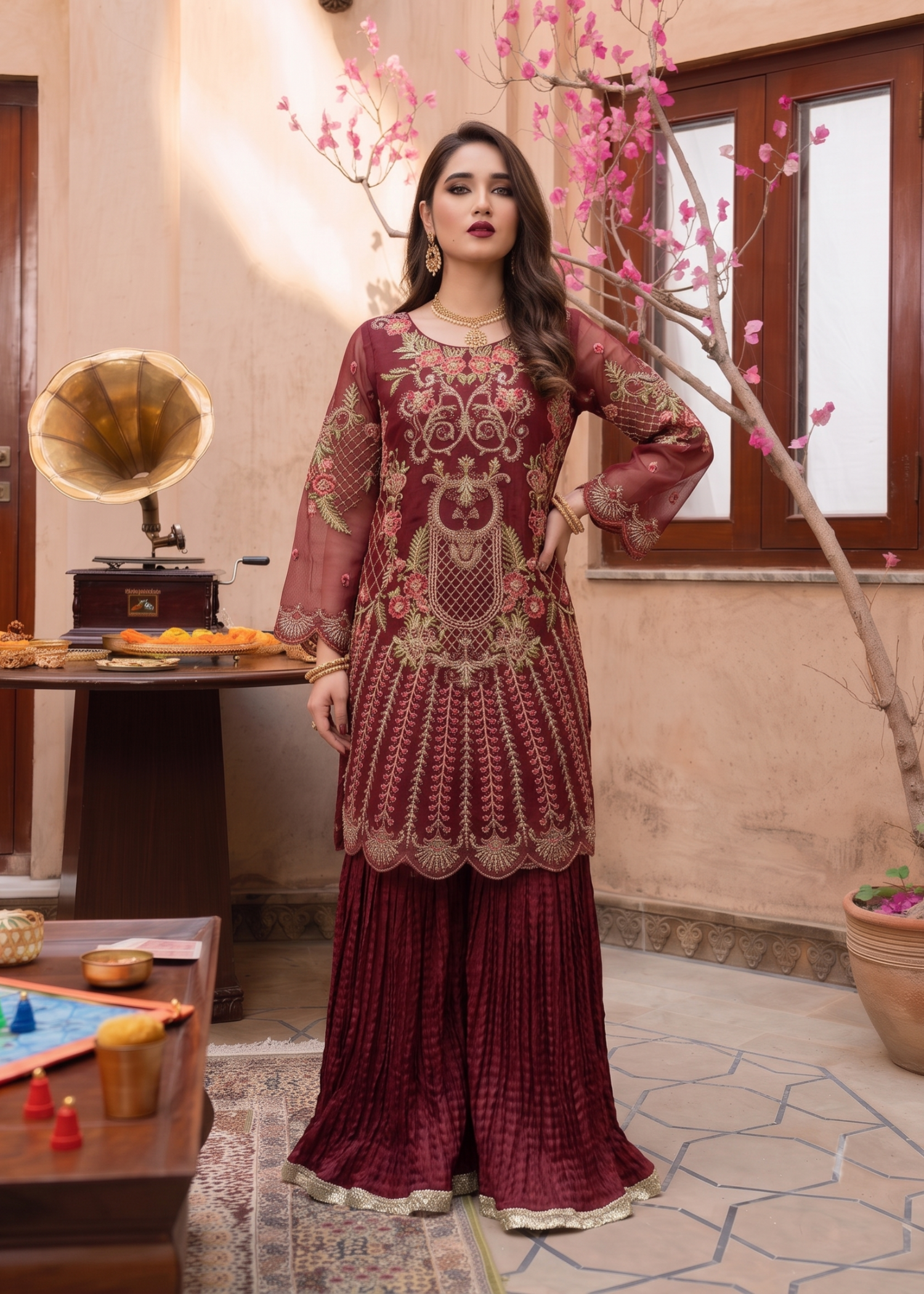 organza Gharara in Maroon