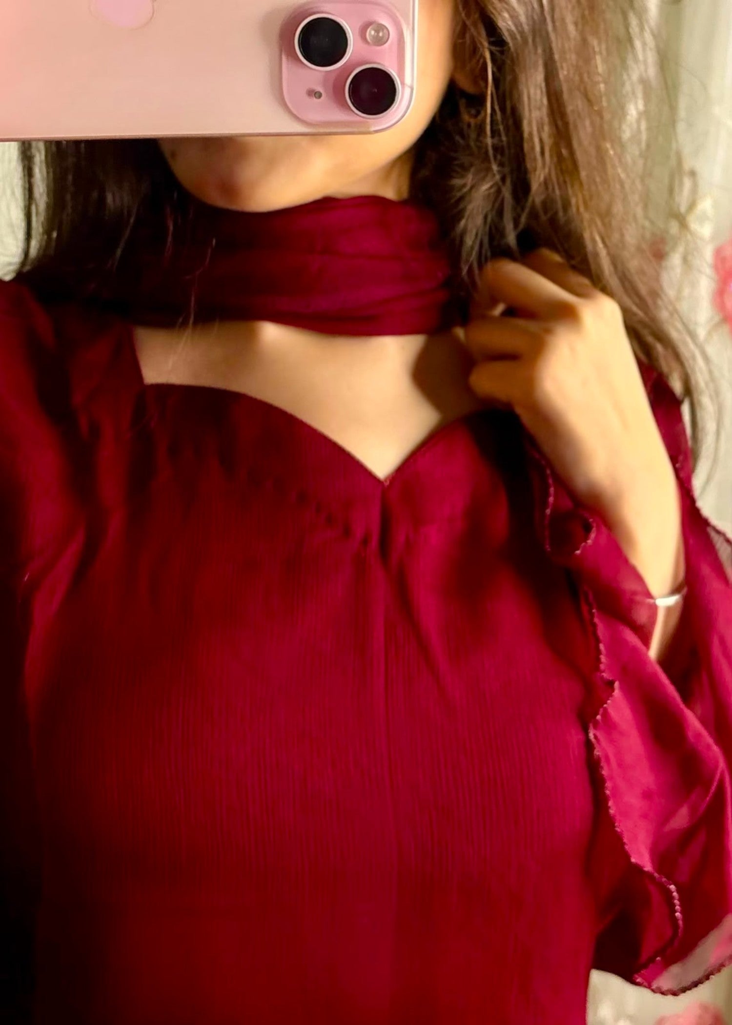 crinkle chiffon Kurta Set in Wine red