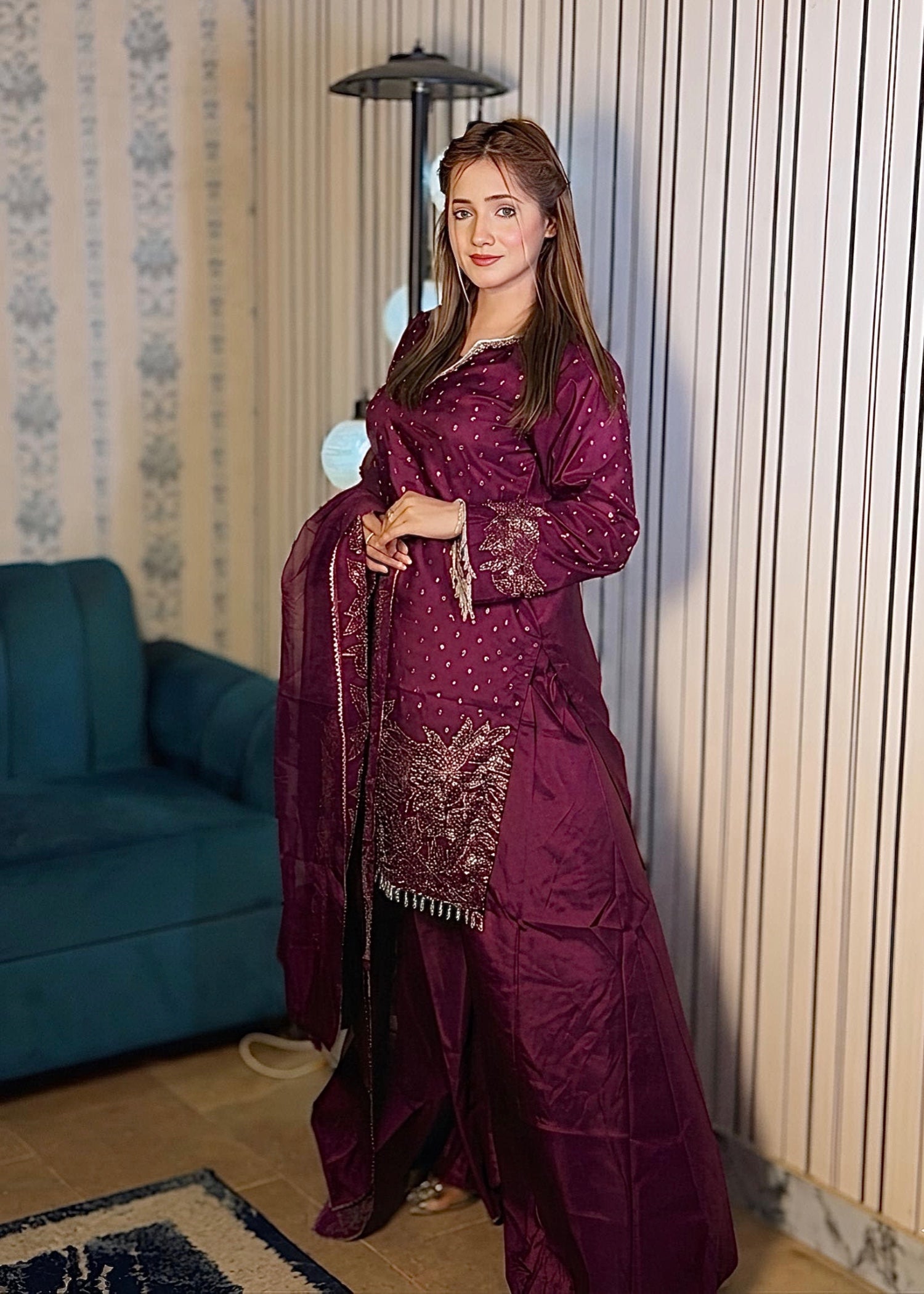 raw silk Kurta Set in Plum purple