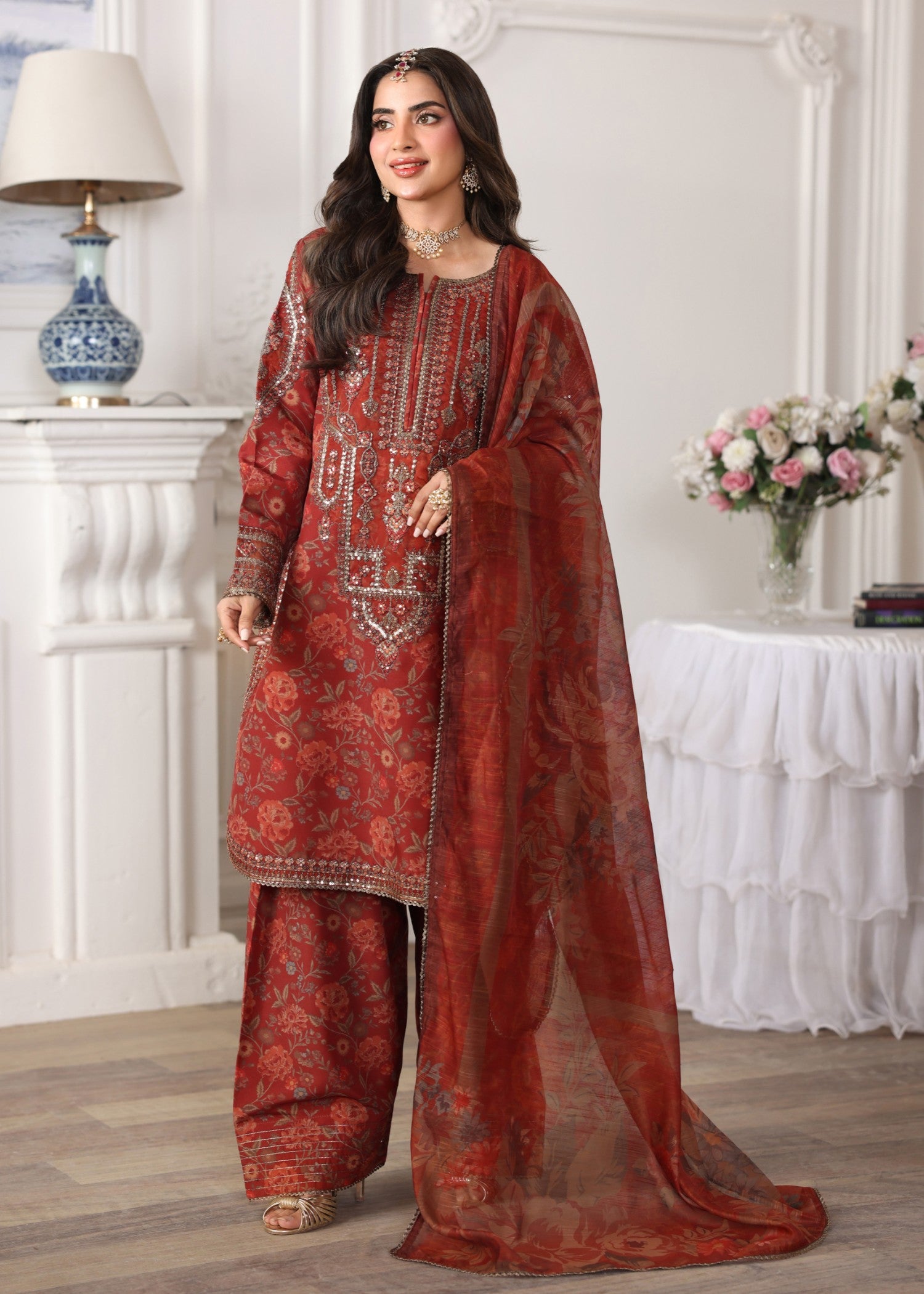 poly lawn Kurta Set in Rustic brown