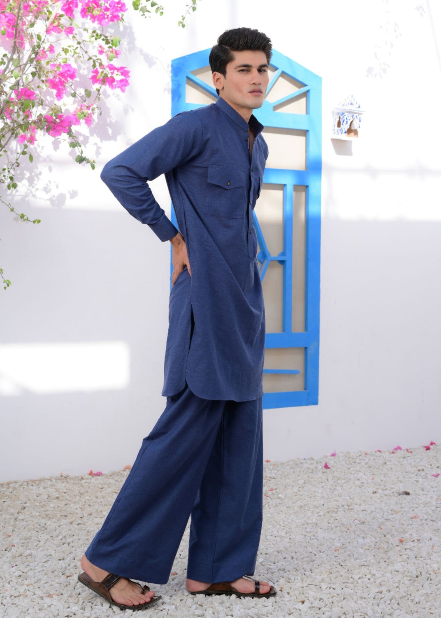 irish linen Kurta Set in Dark blue