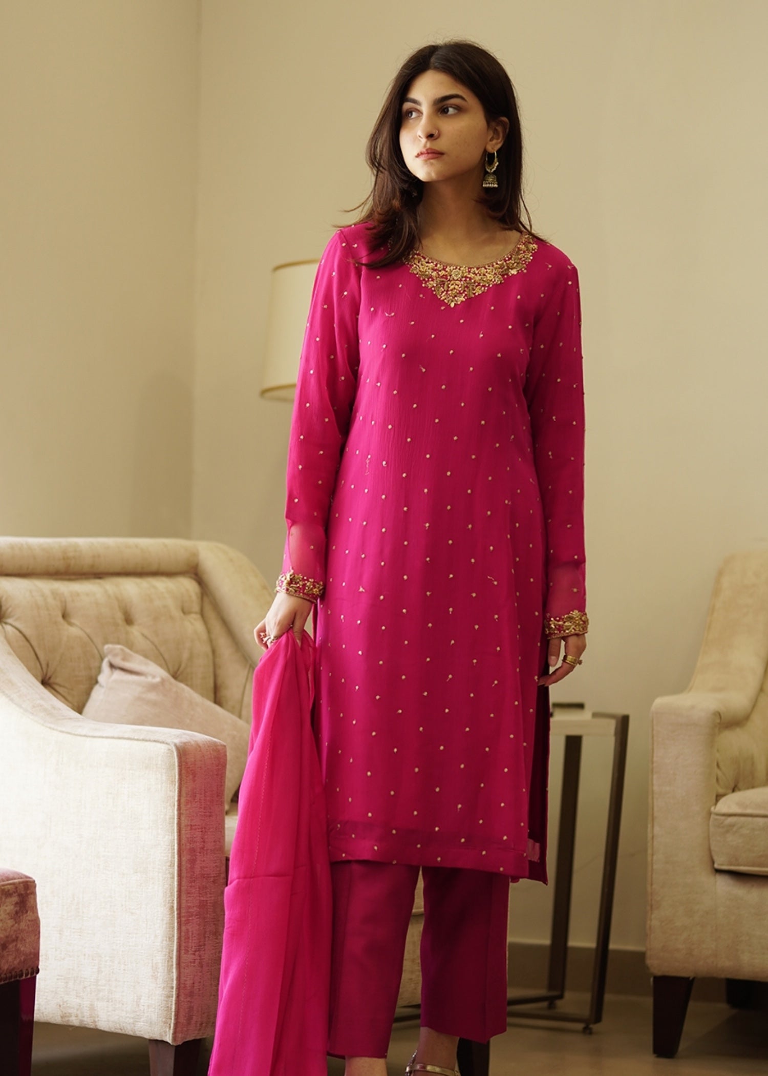chiffon Kurta Set in Deep pink