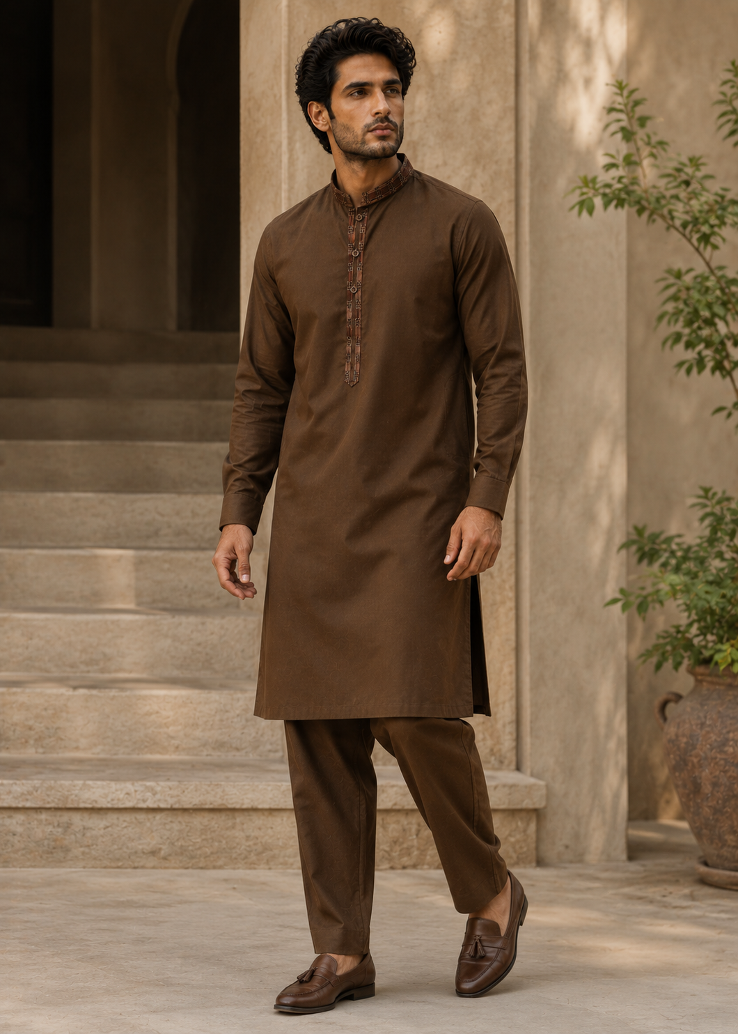 wash & wear Kurta Set in Coffee brown