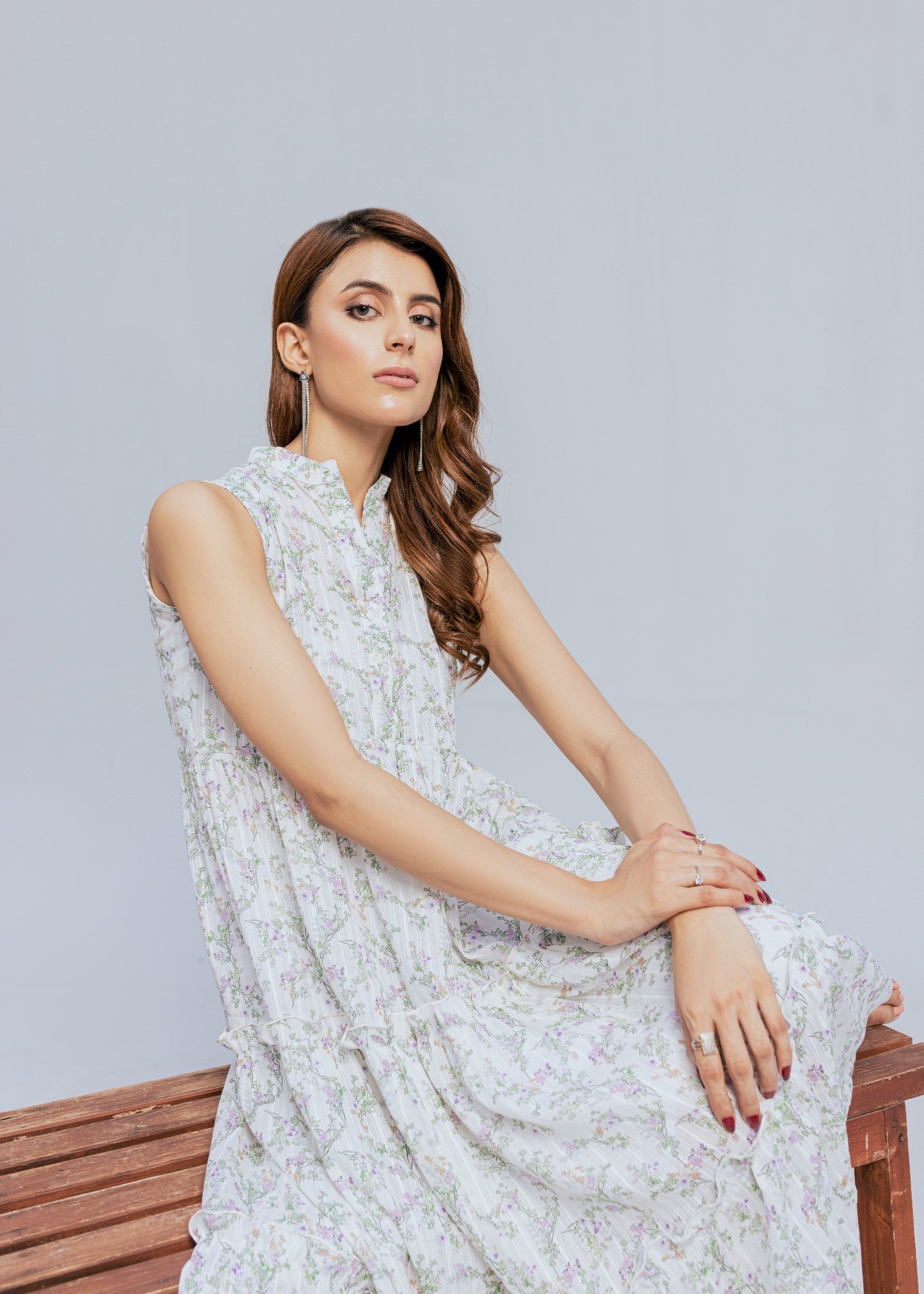 textured lawn Dress in White