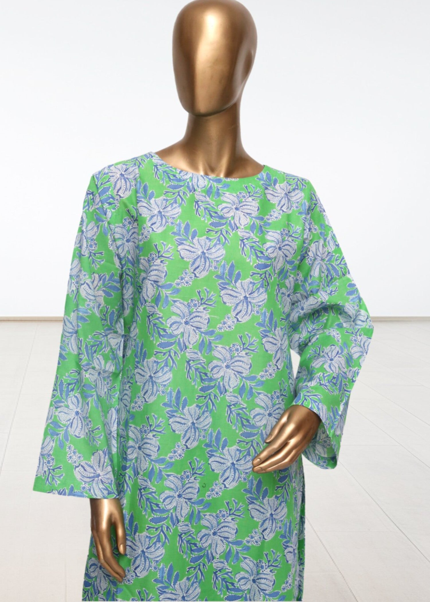 lawn Kurta Set in Cornflower blue, fern green