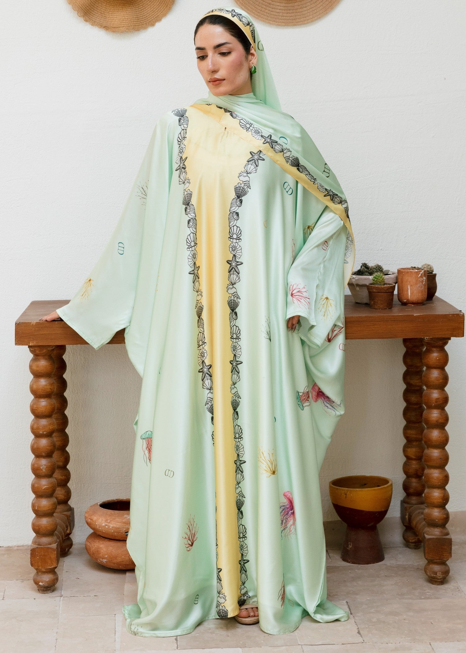 pk charmuse silk Abaya in Multi, tea green