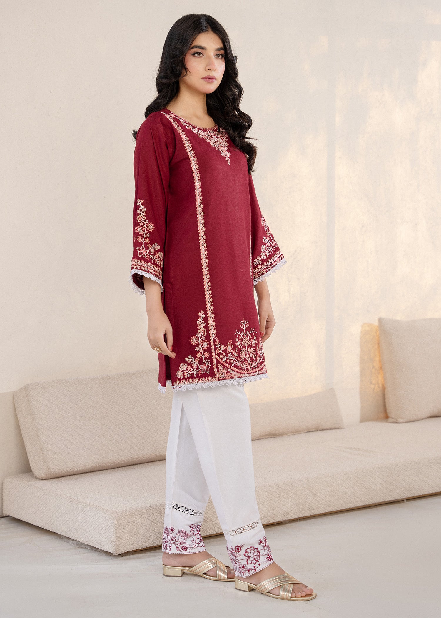 wool viscose Kurta Set in Burgundy