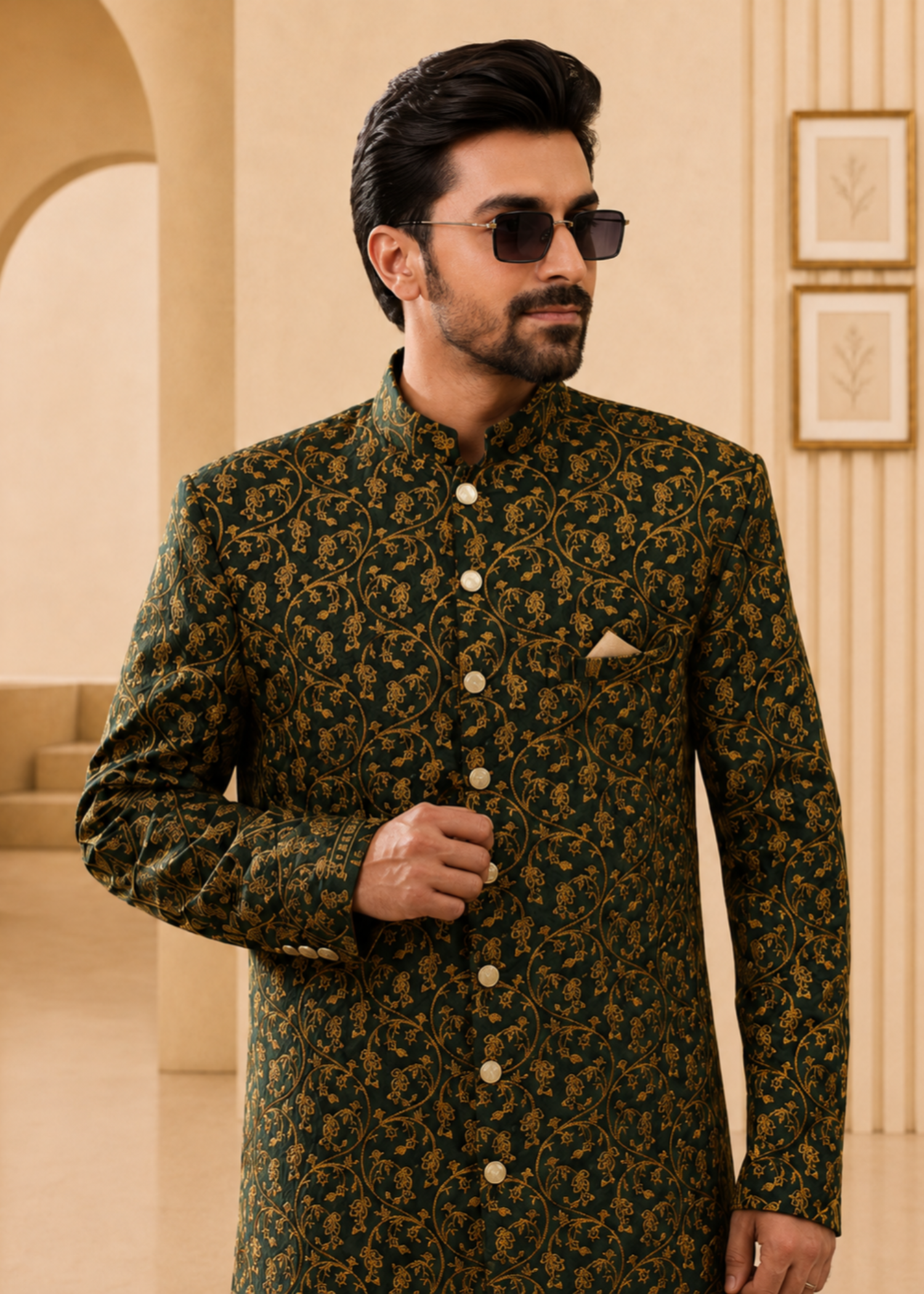 jamawar Sherwani in Dark green