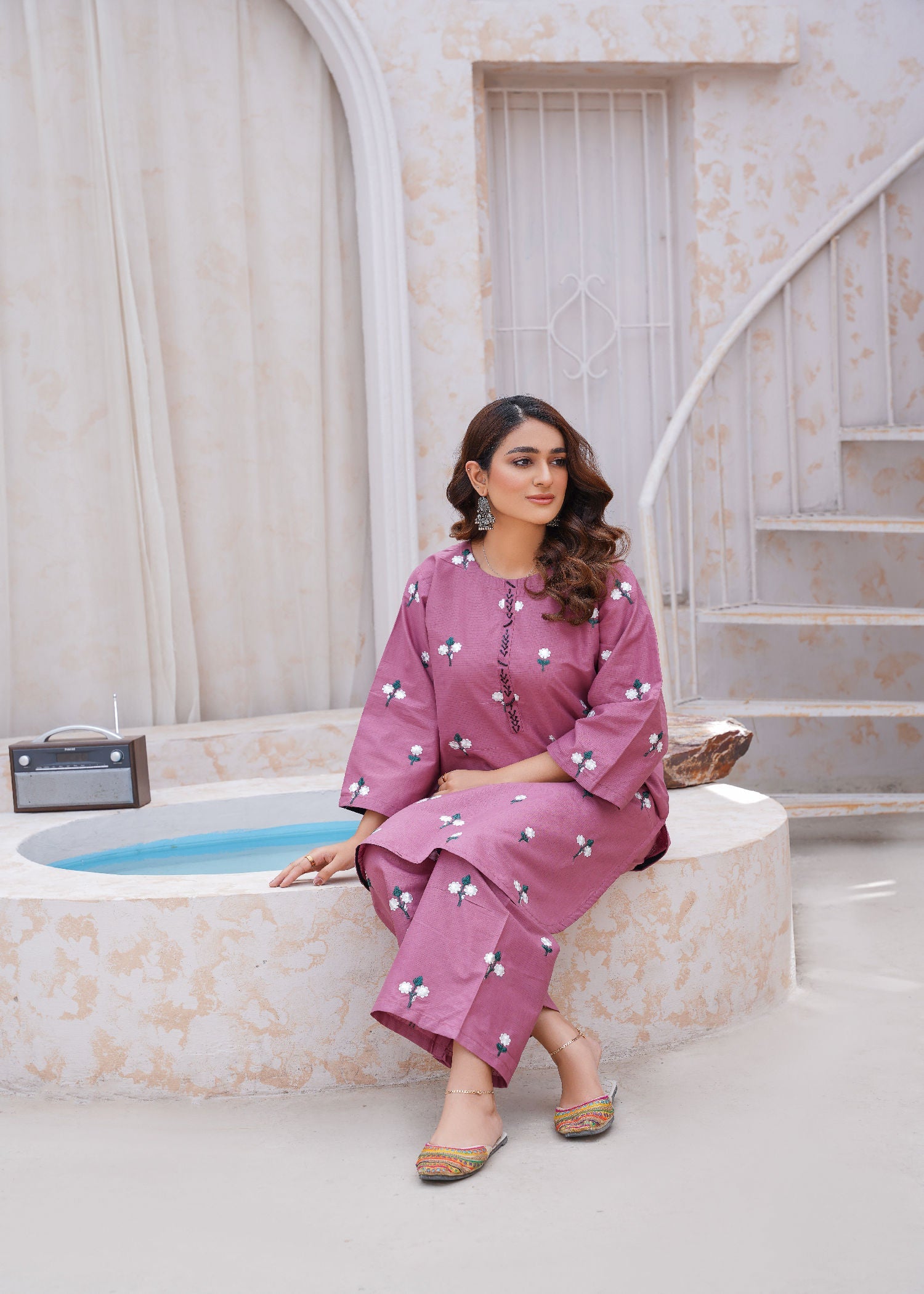 cotton dobby Kurta Set in Mauve pink
